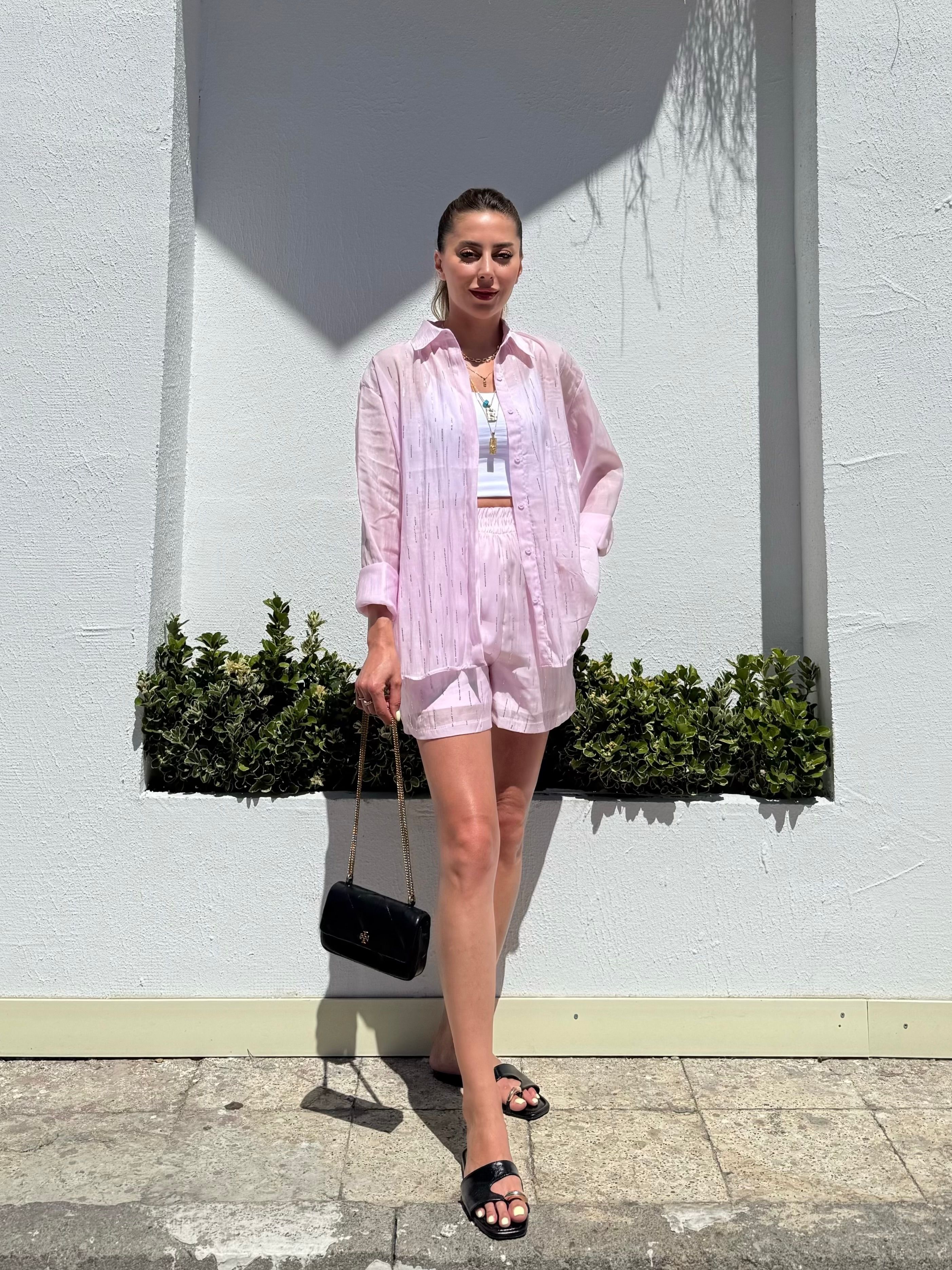 Taş Detaylı Şortlu Gömlek Takım - Pembe