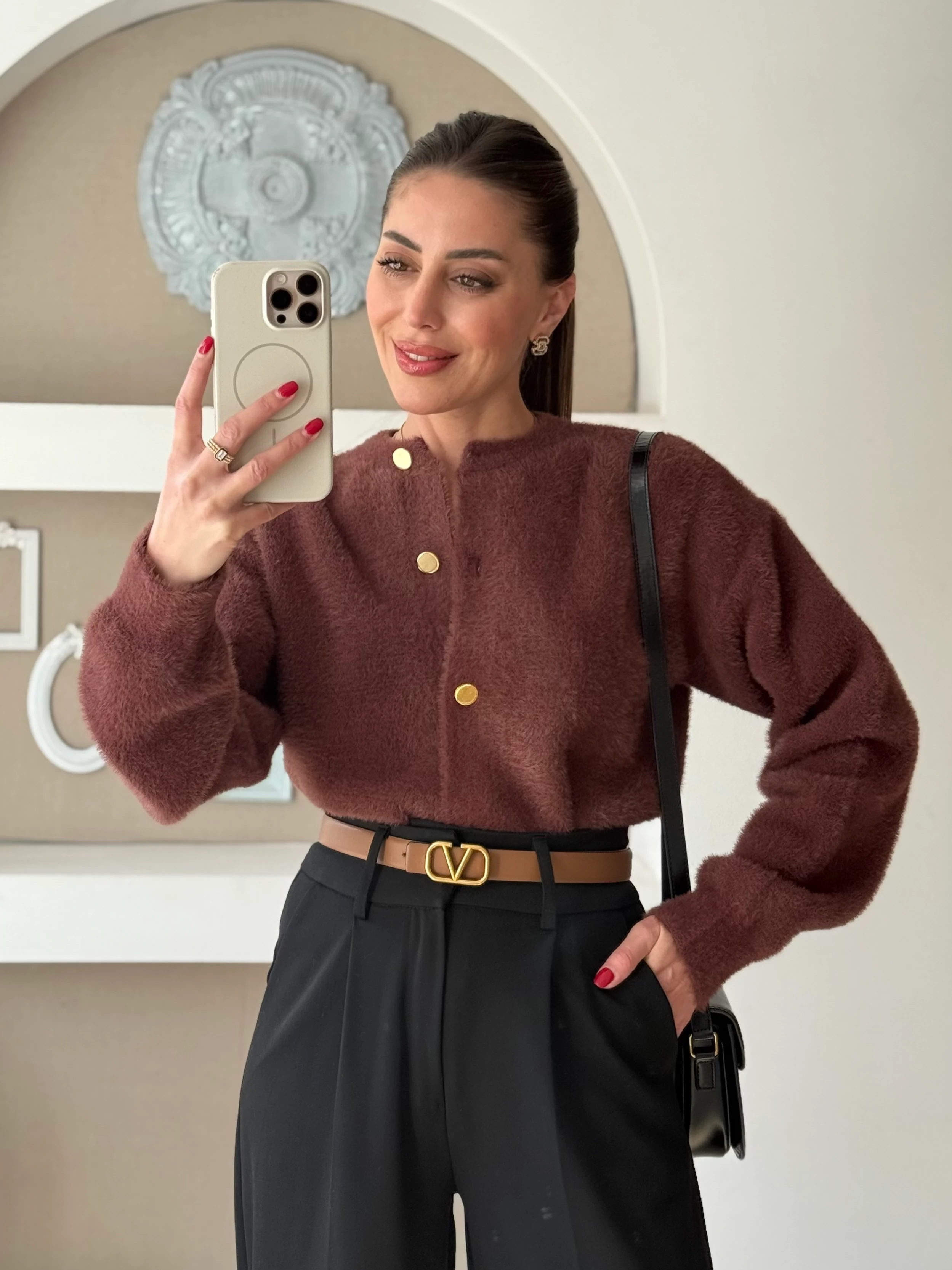 Gold Düğmeli KaşmirHırka - Kahverengi