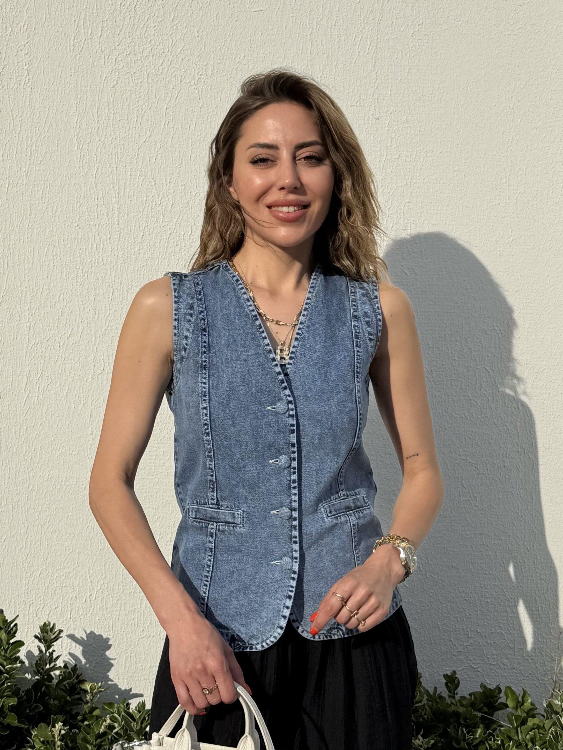 Denim Düğme Detaylı Yelek
