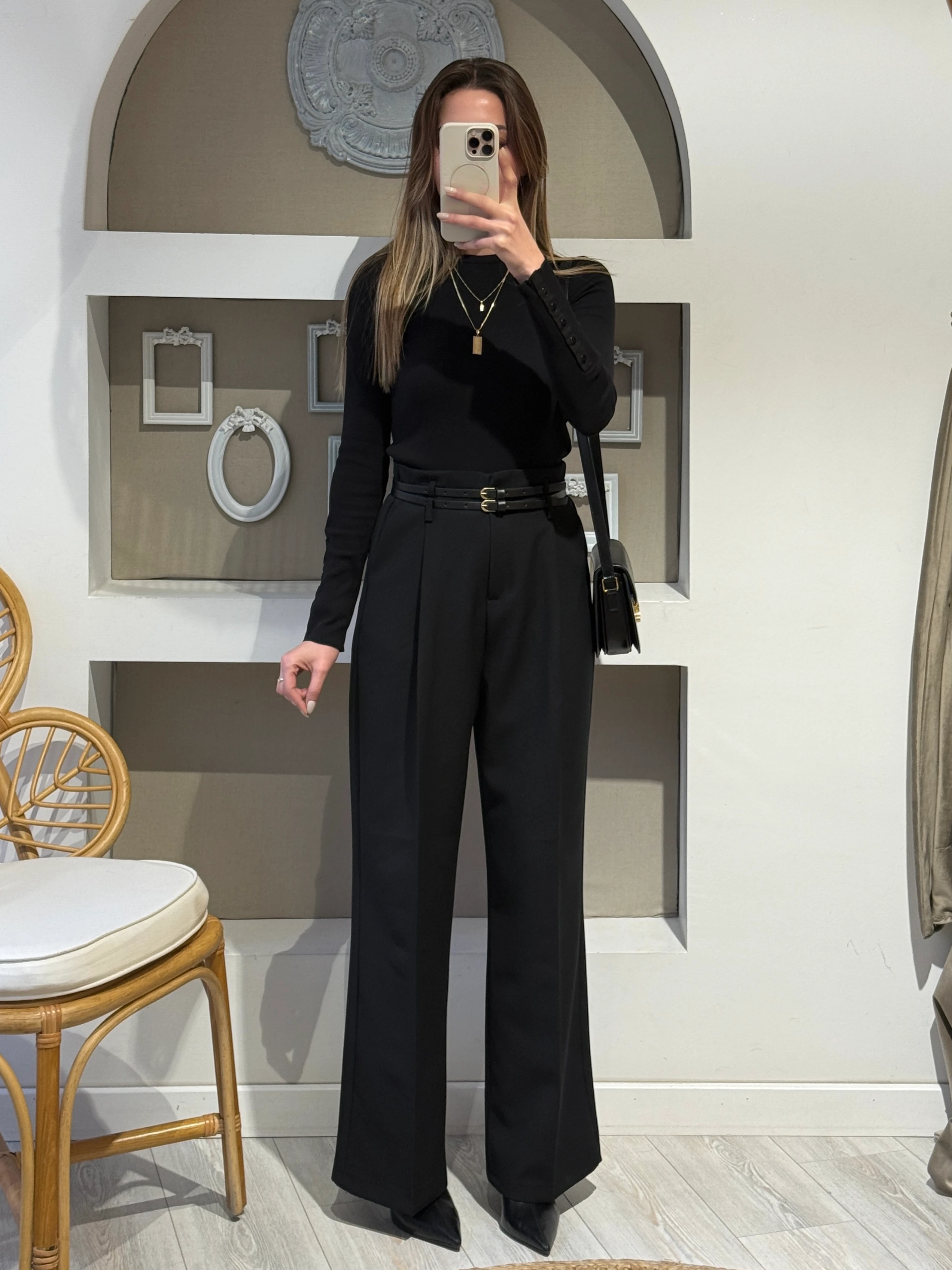 Çift Kemer Siyah Palazzo Pantolon 