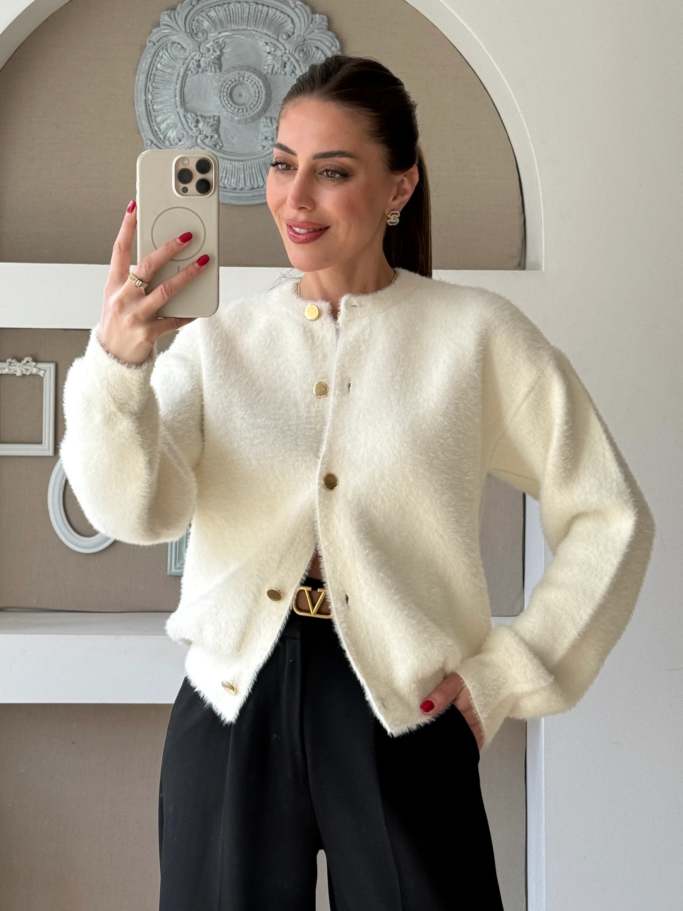 Gold Düğmeli KaşmirHırka - Ekru