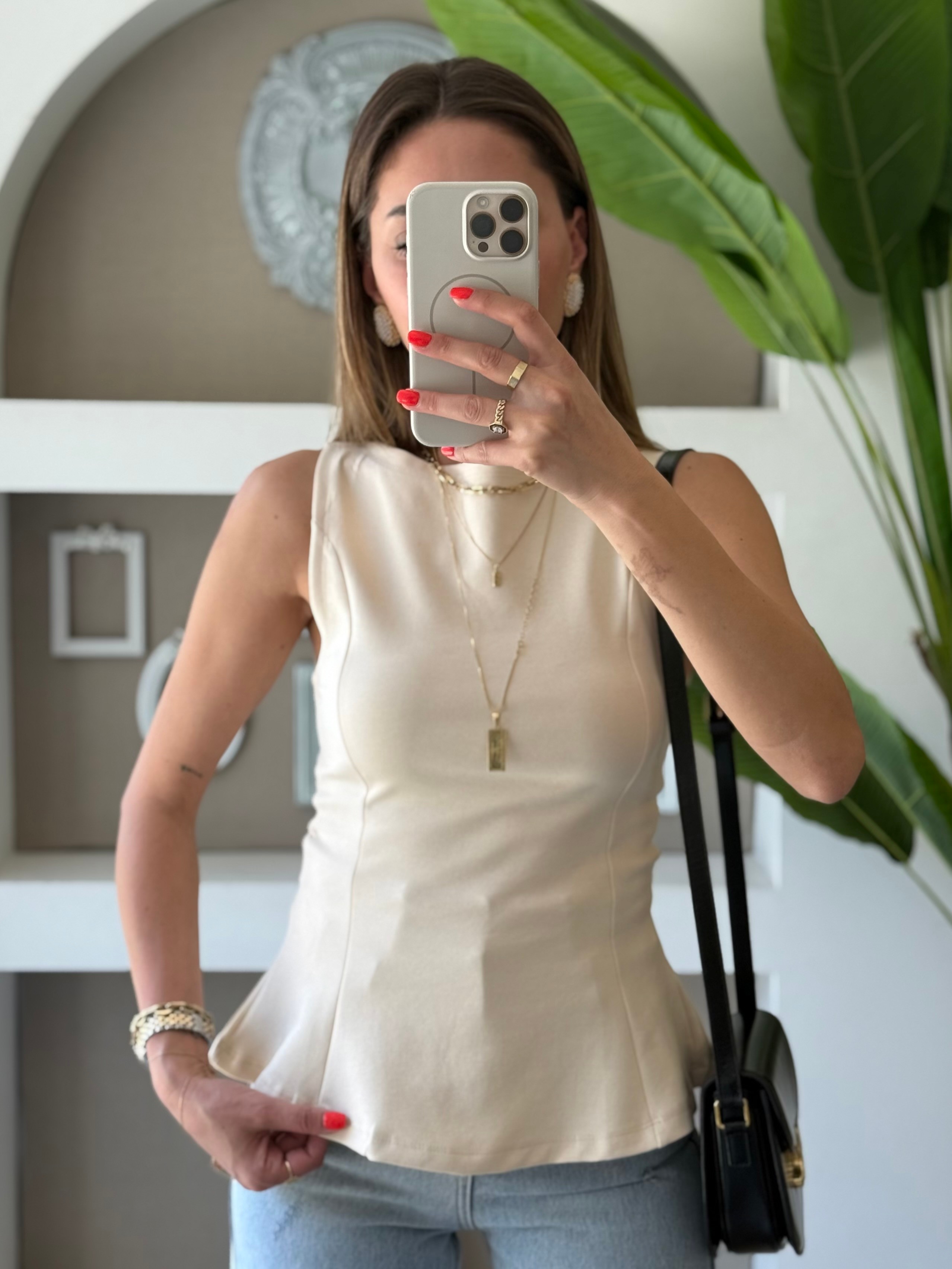 Dilvin Kayık Yaka Peplum Top - Ekru