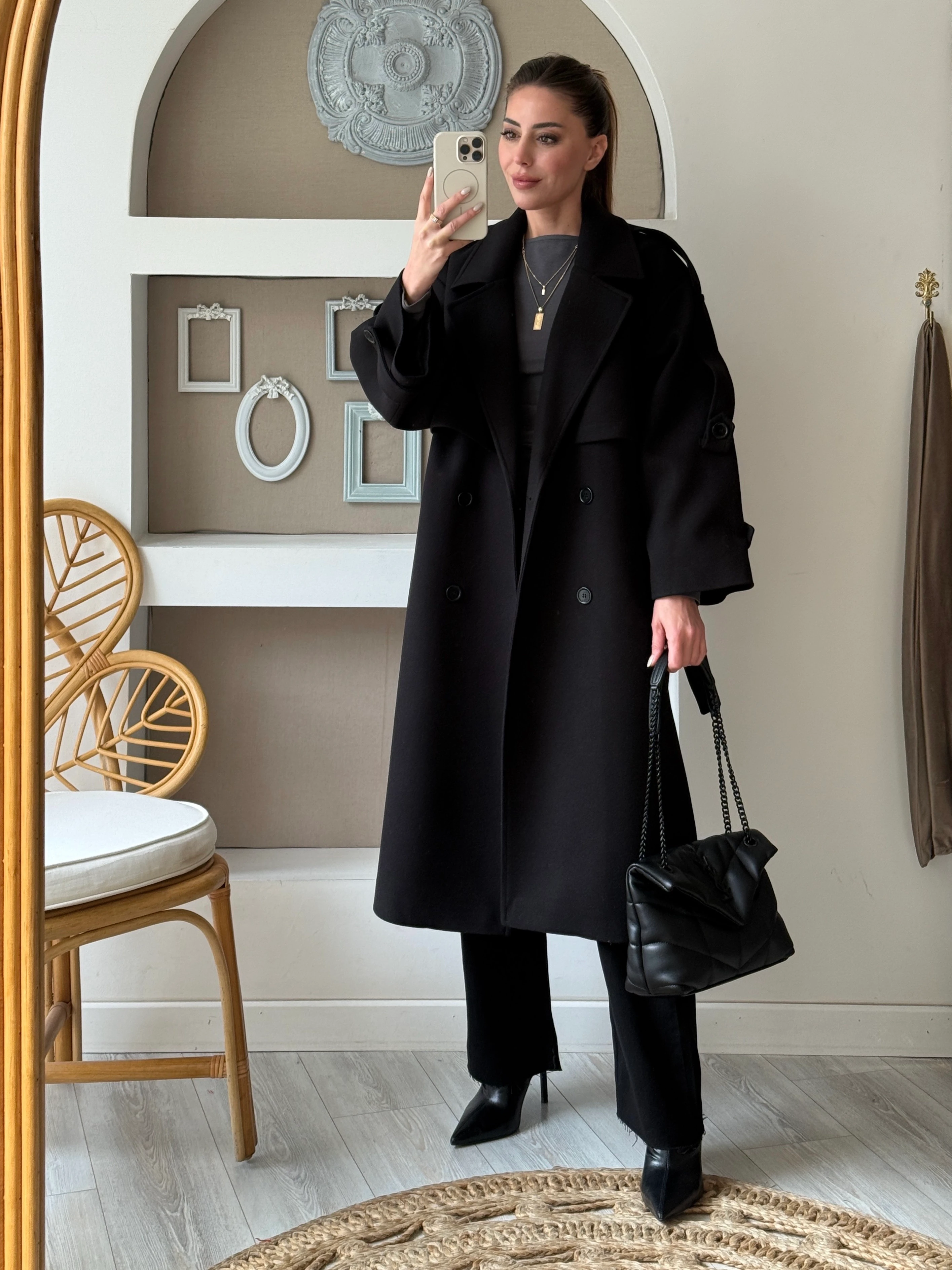 Apolet Detaylı Kaşe Kaban - Siyah