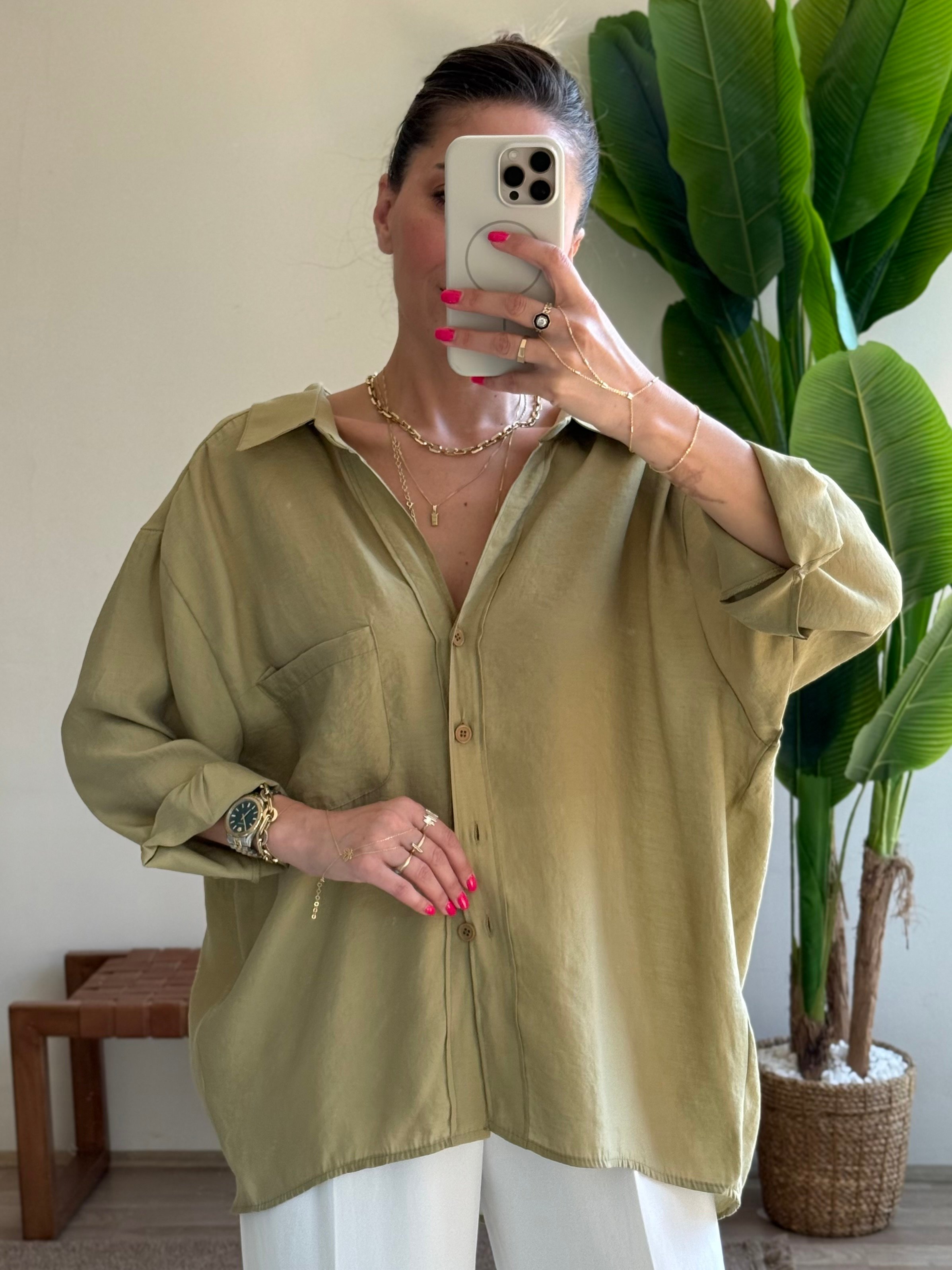 Oversize Tensel Gömlek - Yağ Yeşili