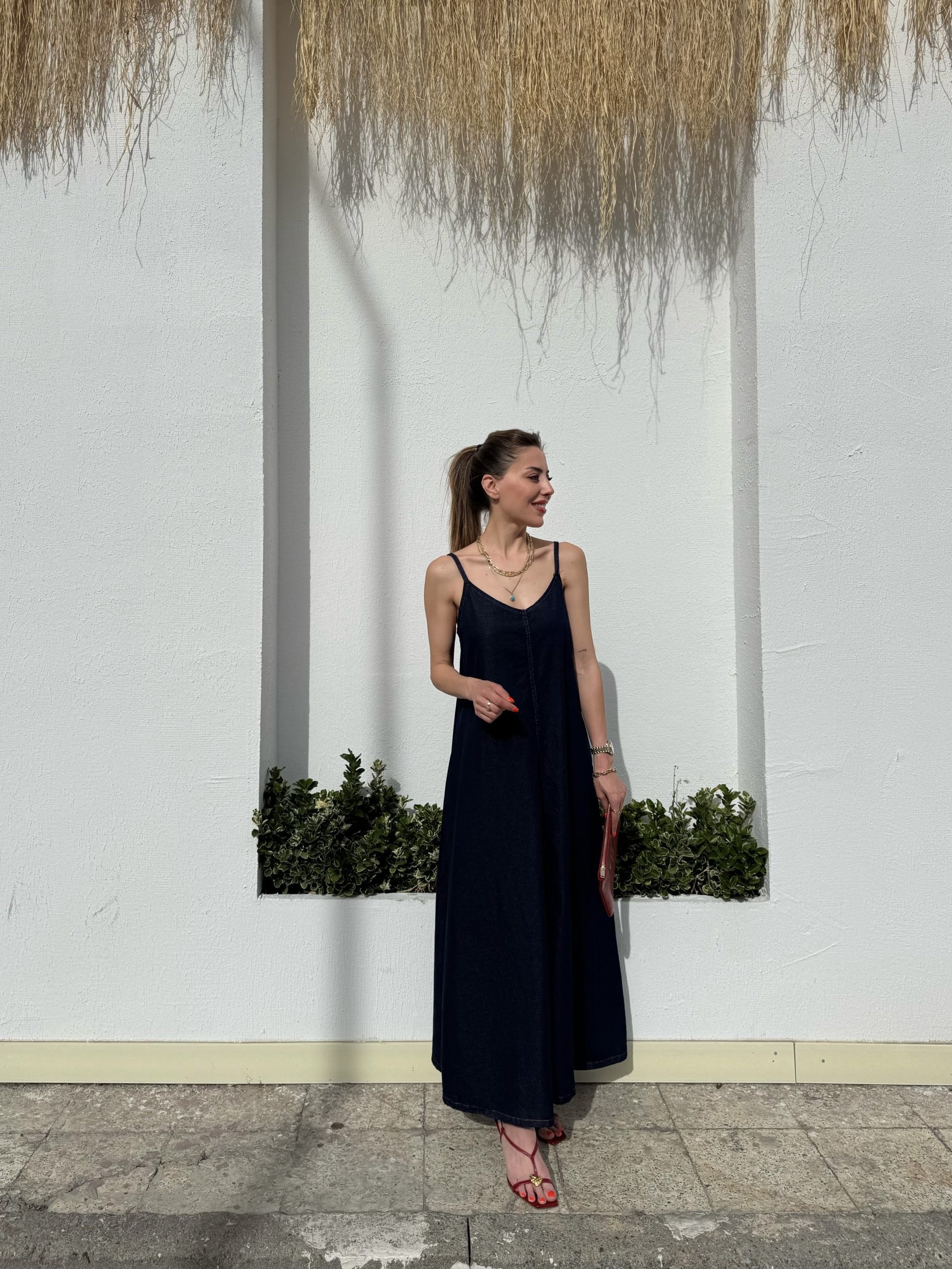 Koyu Mavi Askılı Maxi Boy Denim Elbise