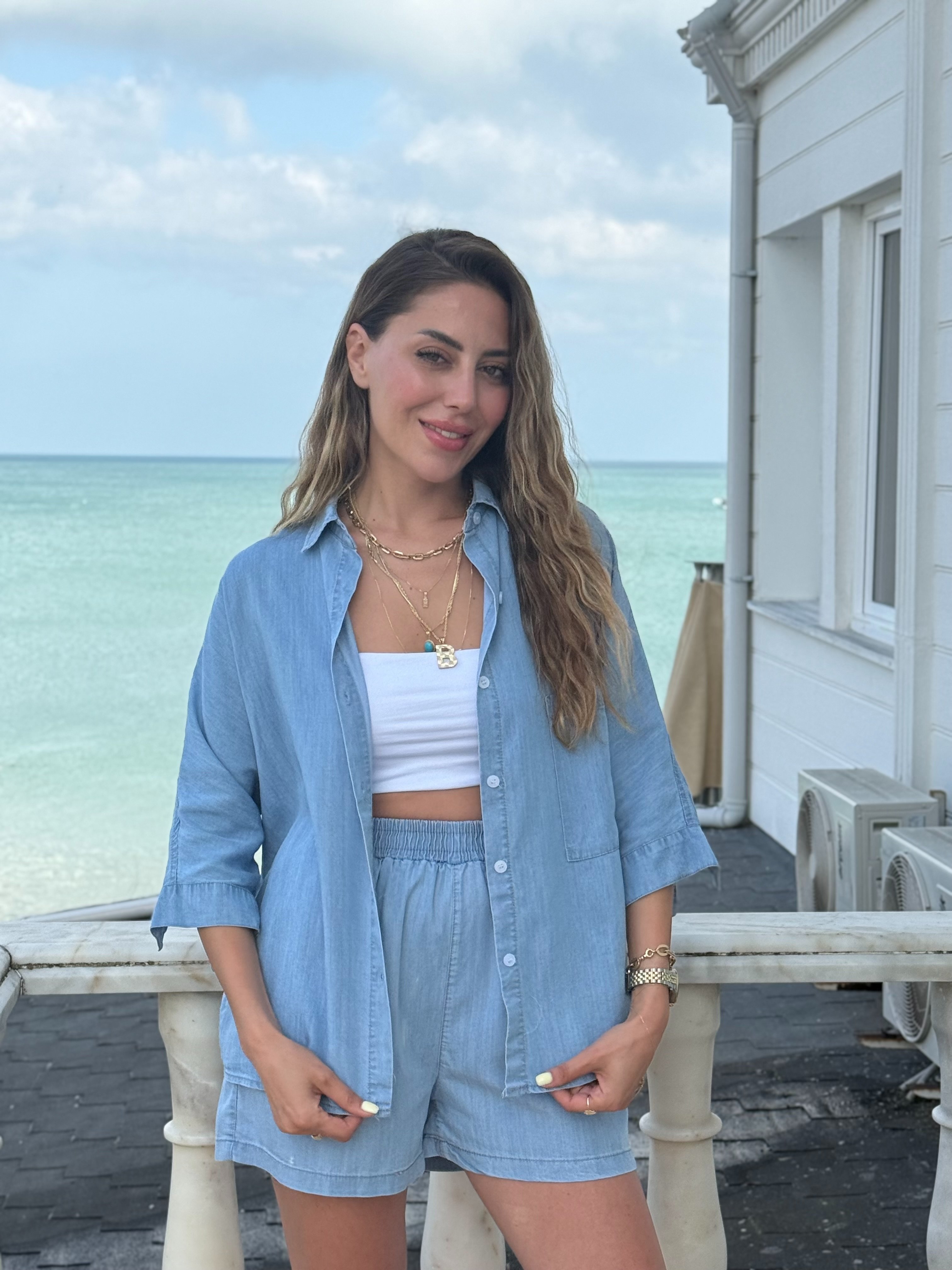 Denim Görünümlü Şortlu Tensel Takım
