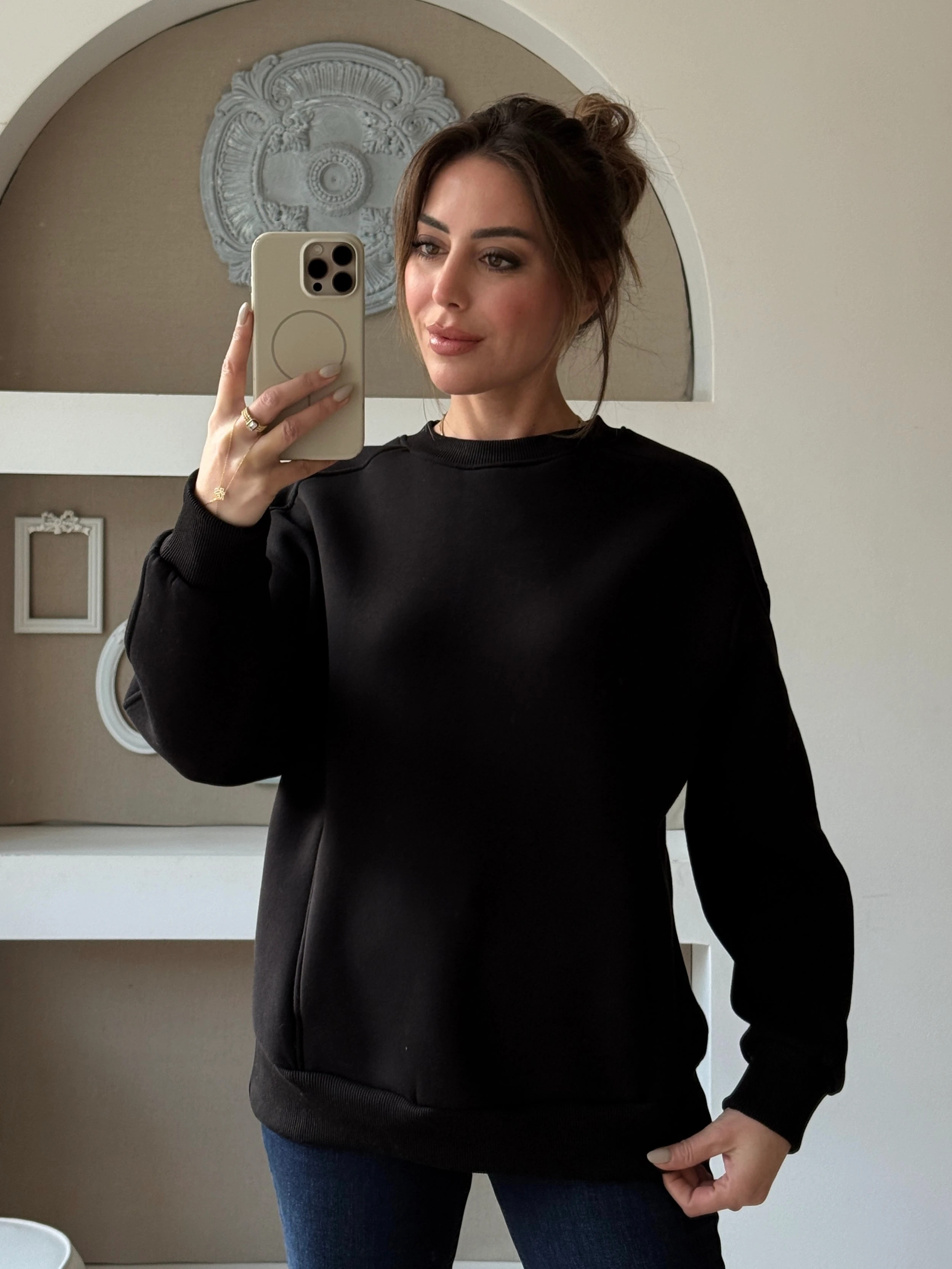 Gizli Cep Şardonlu Sweatshirt  - Siyah