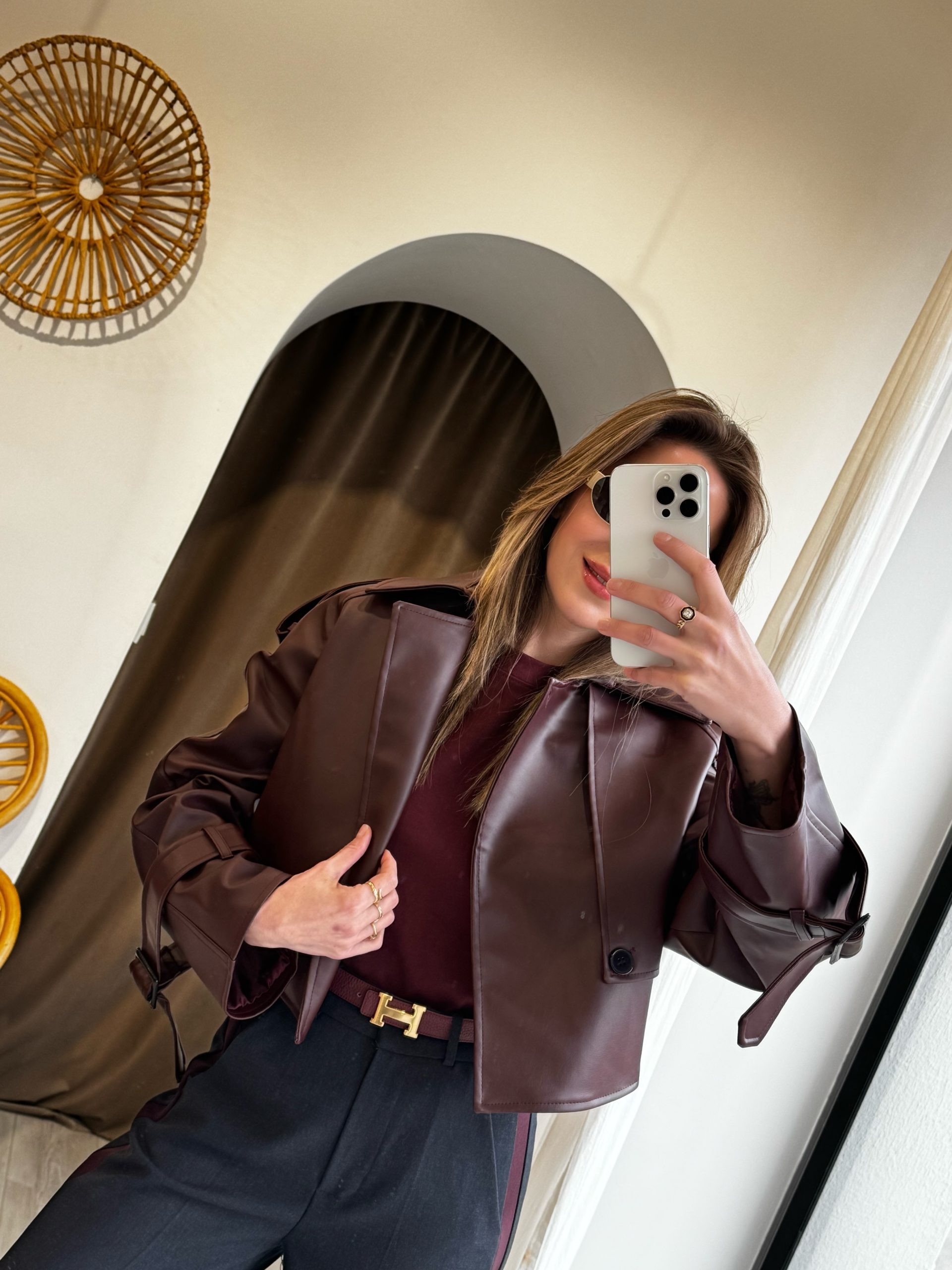 Bordo Renk Kısa Deri Ceket