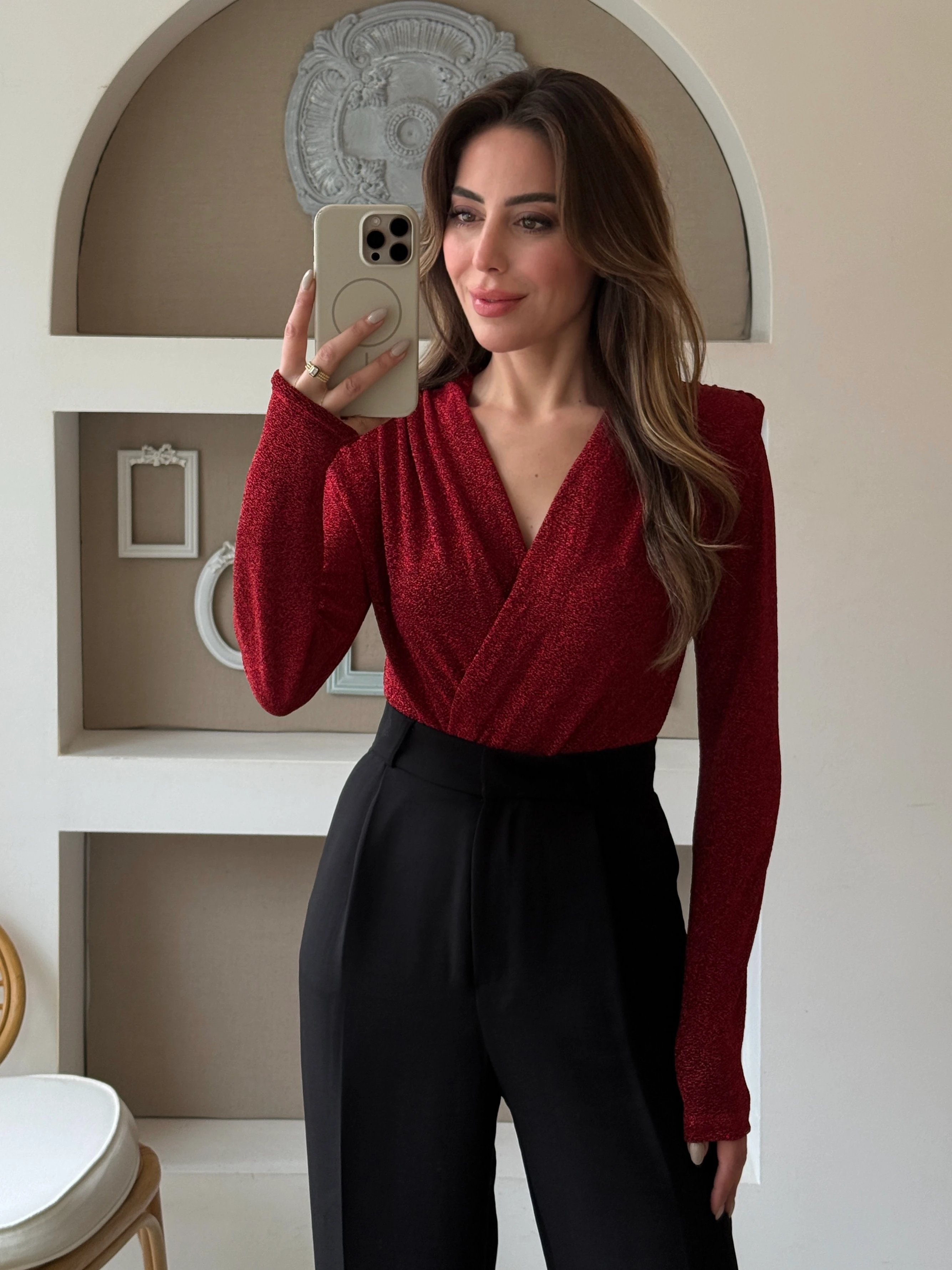 Vatkalı Simli Bodysuit - Kırmızı