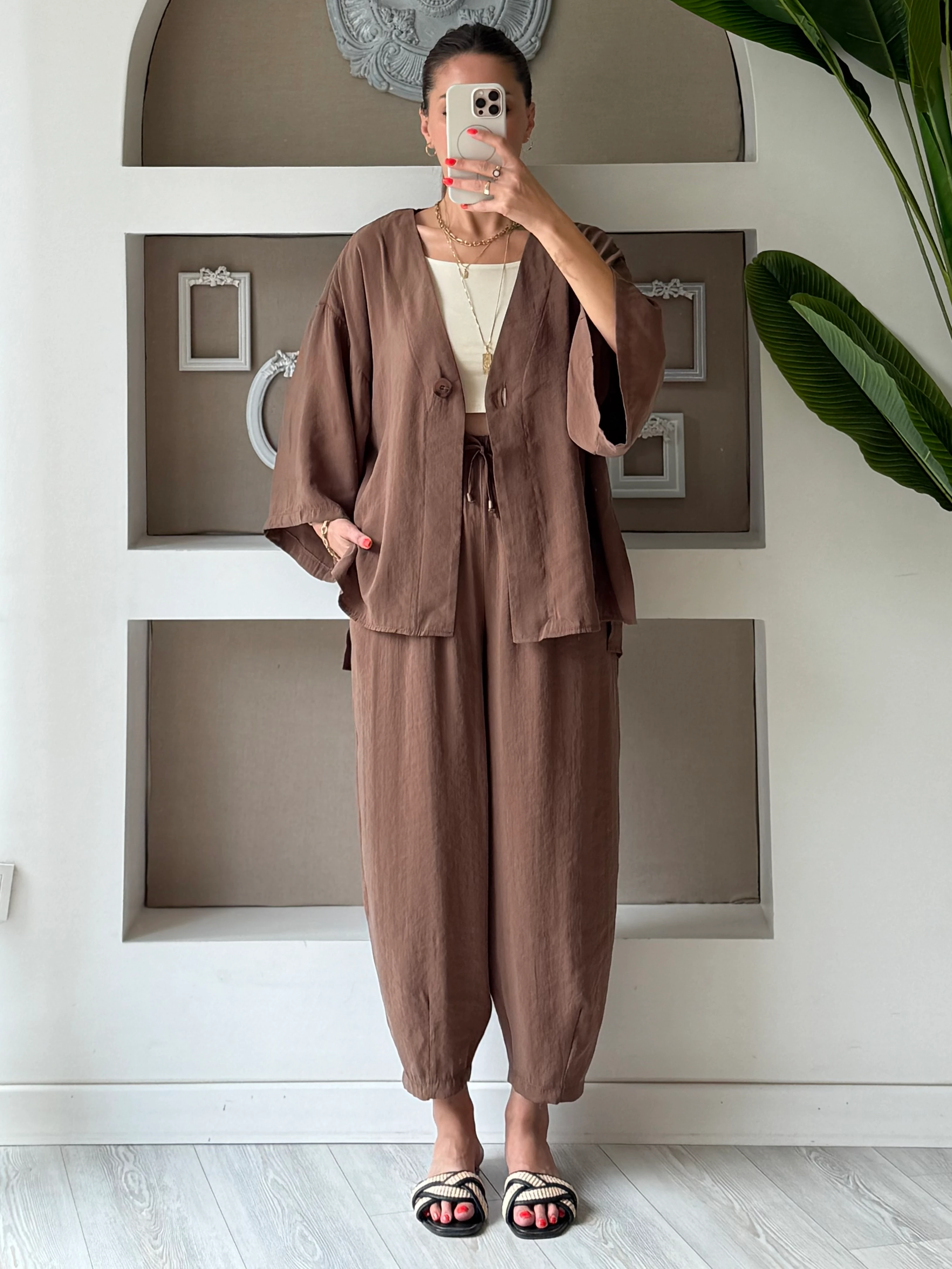 Tek Düğmeli Ceketli Takım - Kahverengi