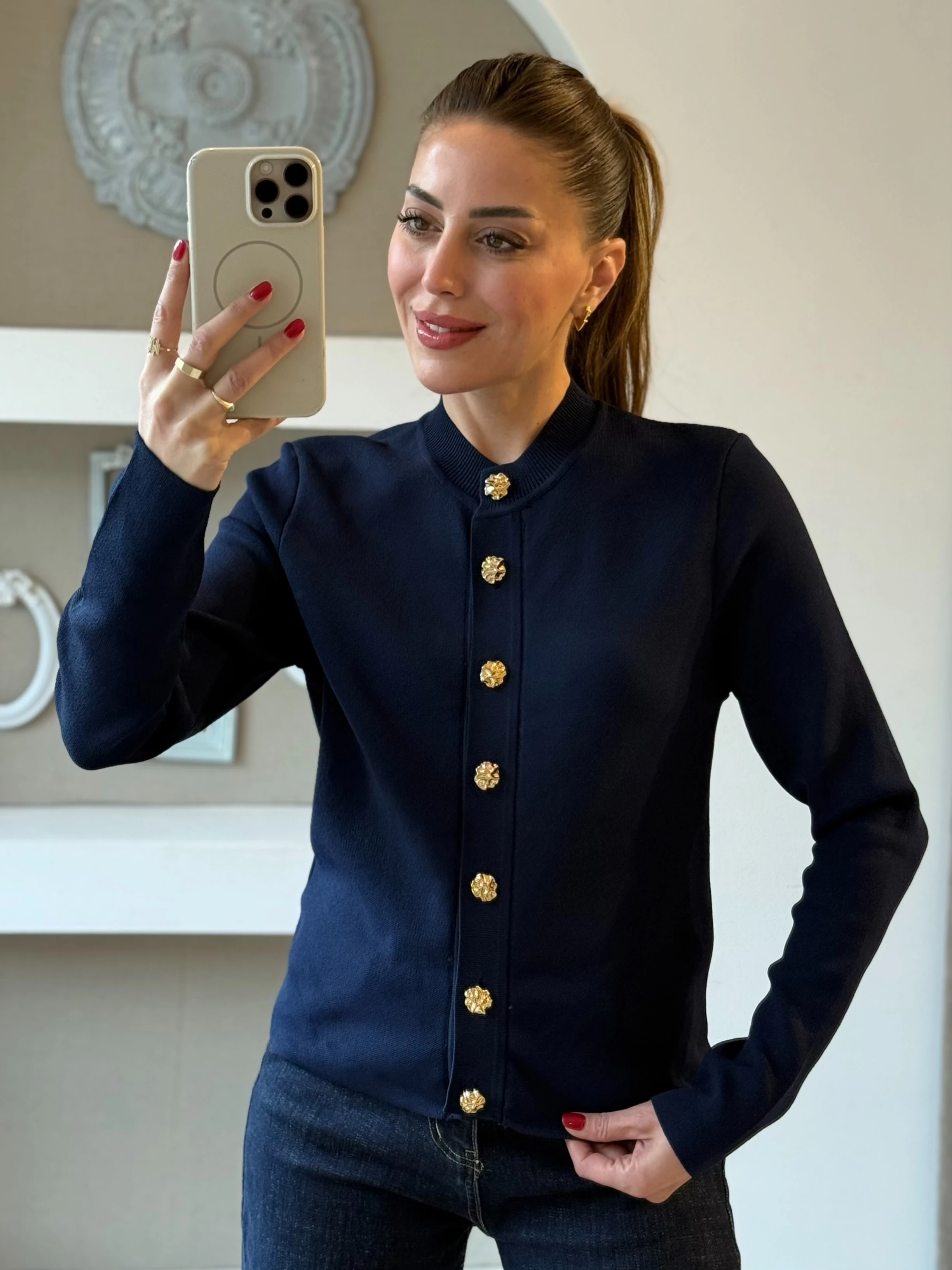 Gold Düğme Detaylı Çelik Örme Hırka - Lacivert