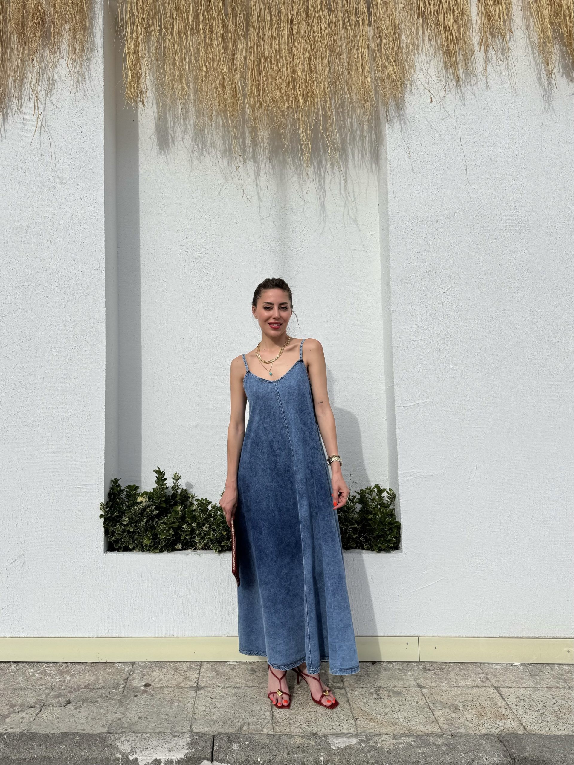 Açık Mavi Askılı Maxi Boy Denim Elbise