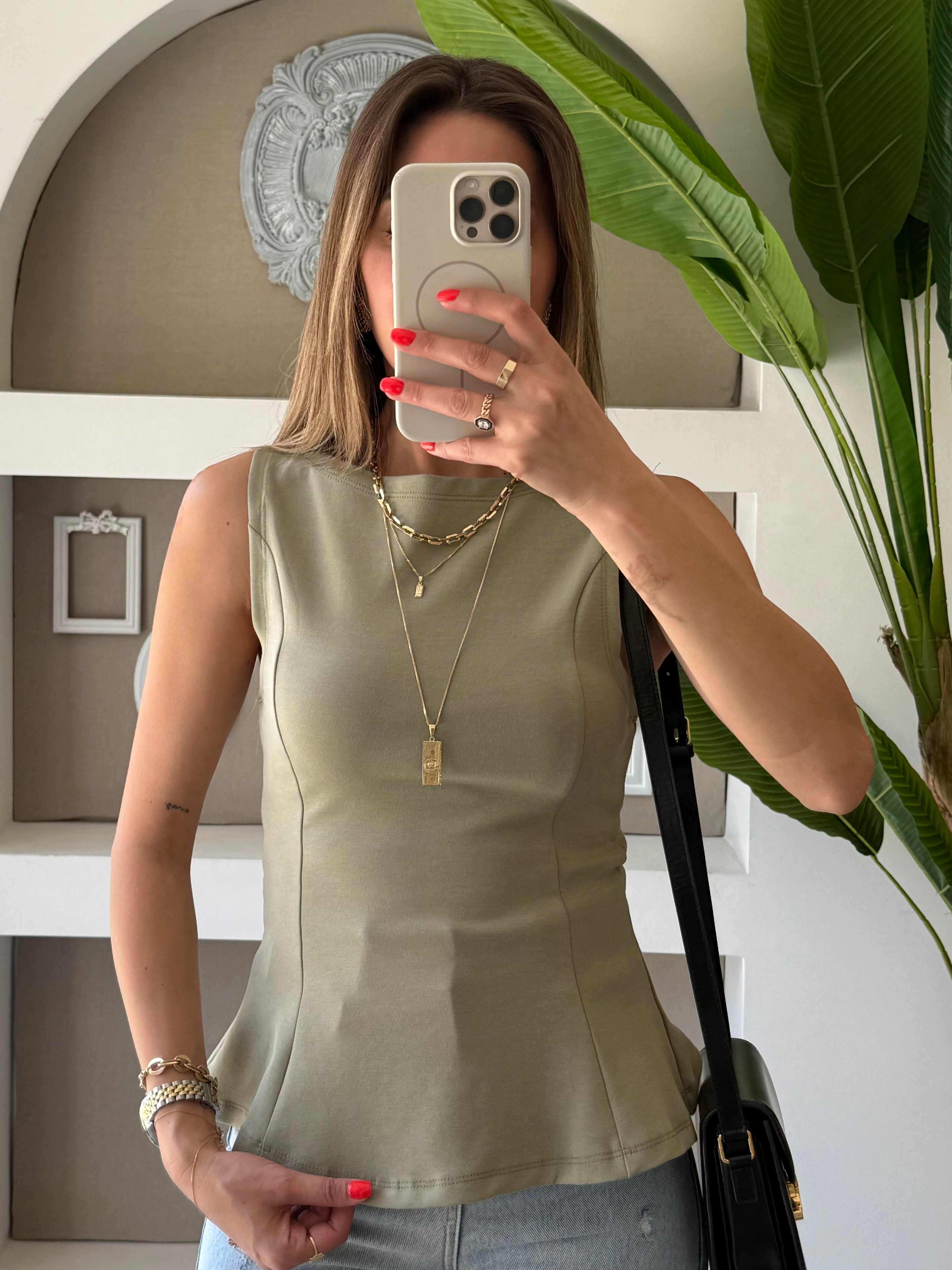 Dilvin Kayık Yaka Peplum Top - yeşil