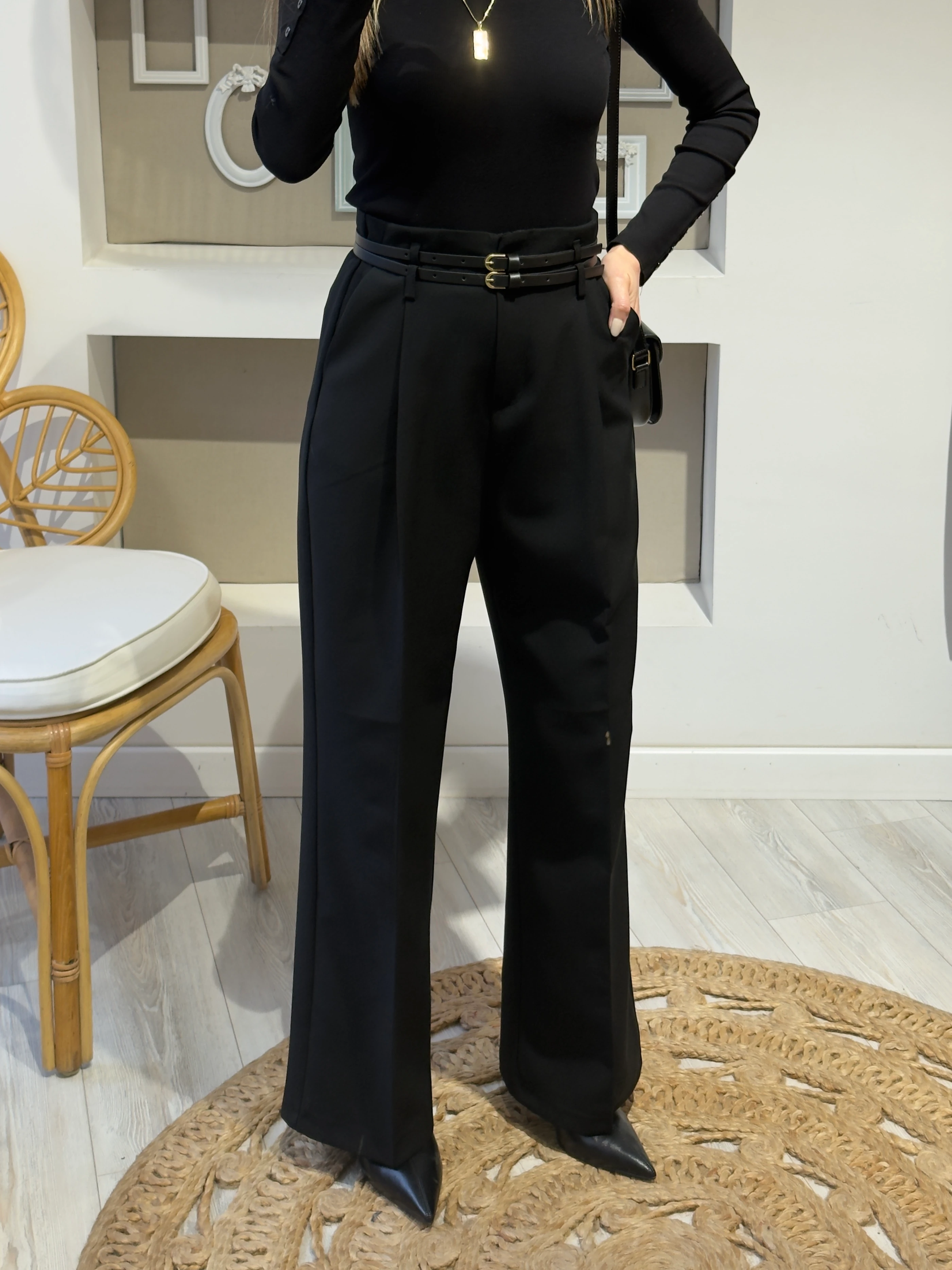 Çift Kemer Siyah Palazzo Pantolon 