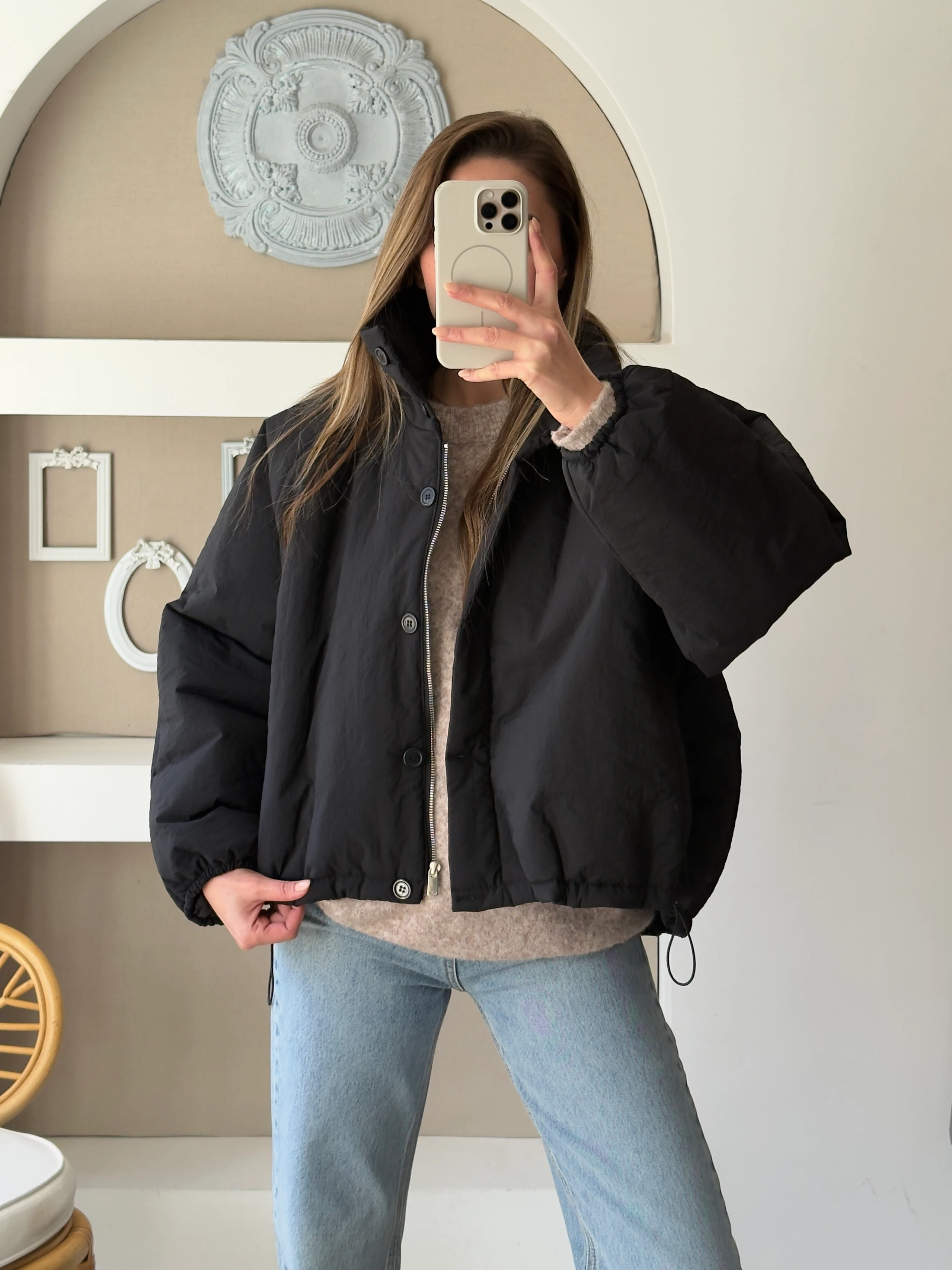 Dik Yaka Şişme Mont - Siyah