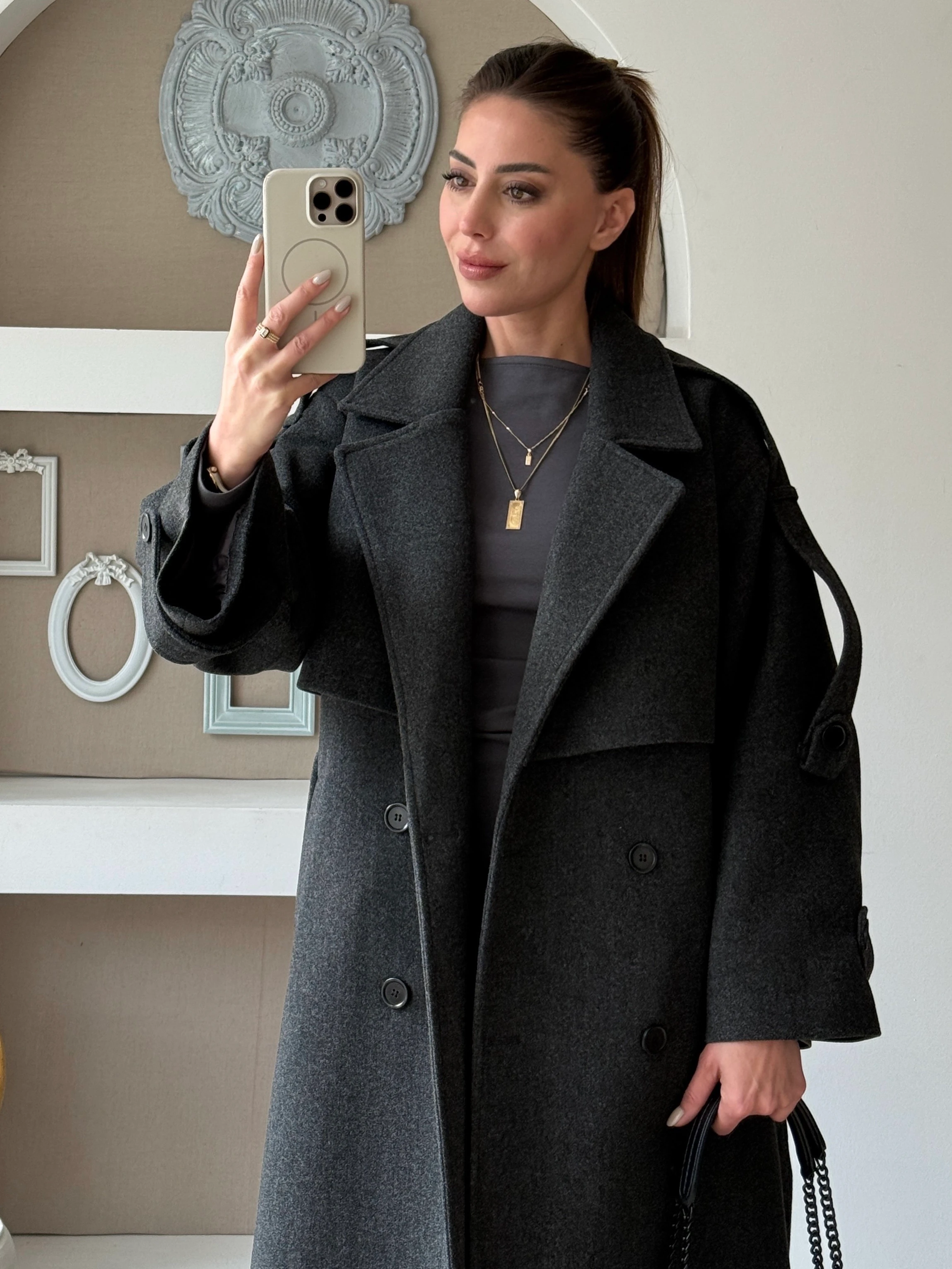 Apolet Detaylı Kaşe Kaban