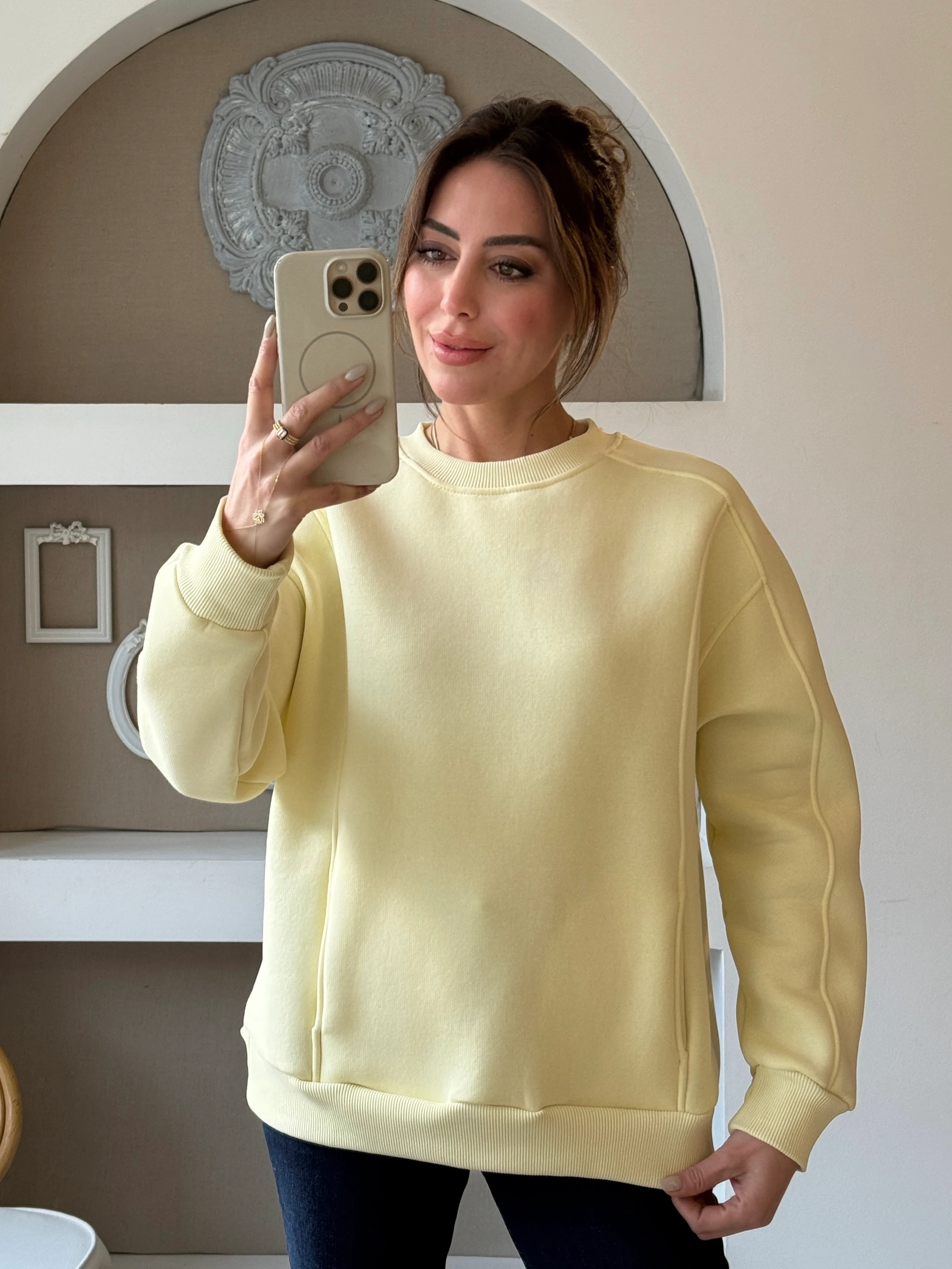 Gizli Cep Şardonlu Sweatshirt  - sarı
