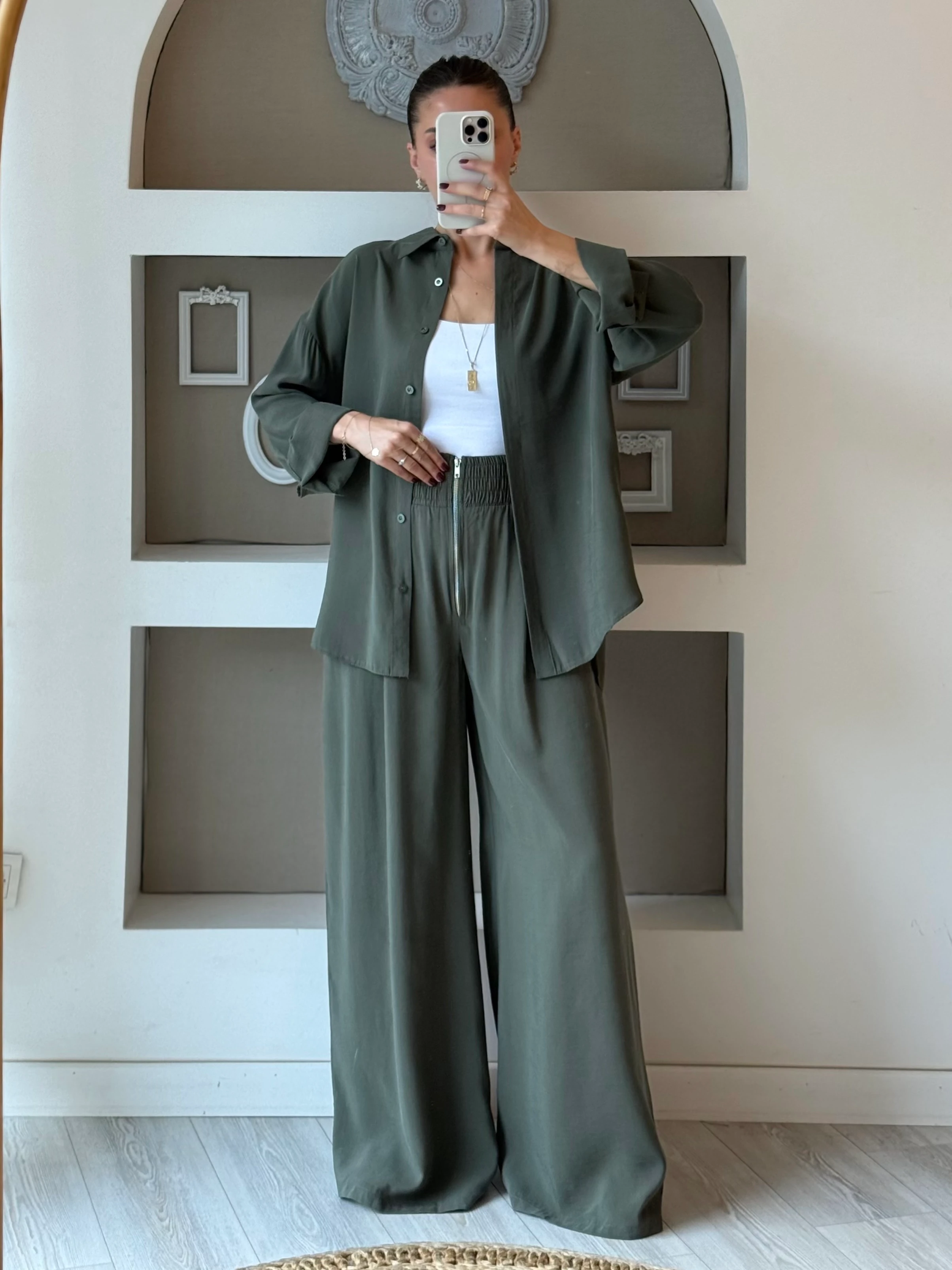 Fermuar Detaylı Tasarım Takım - Haki