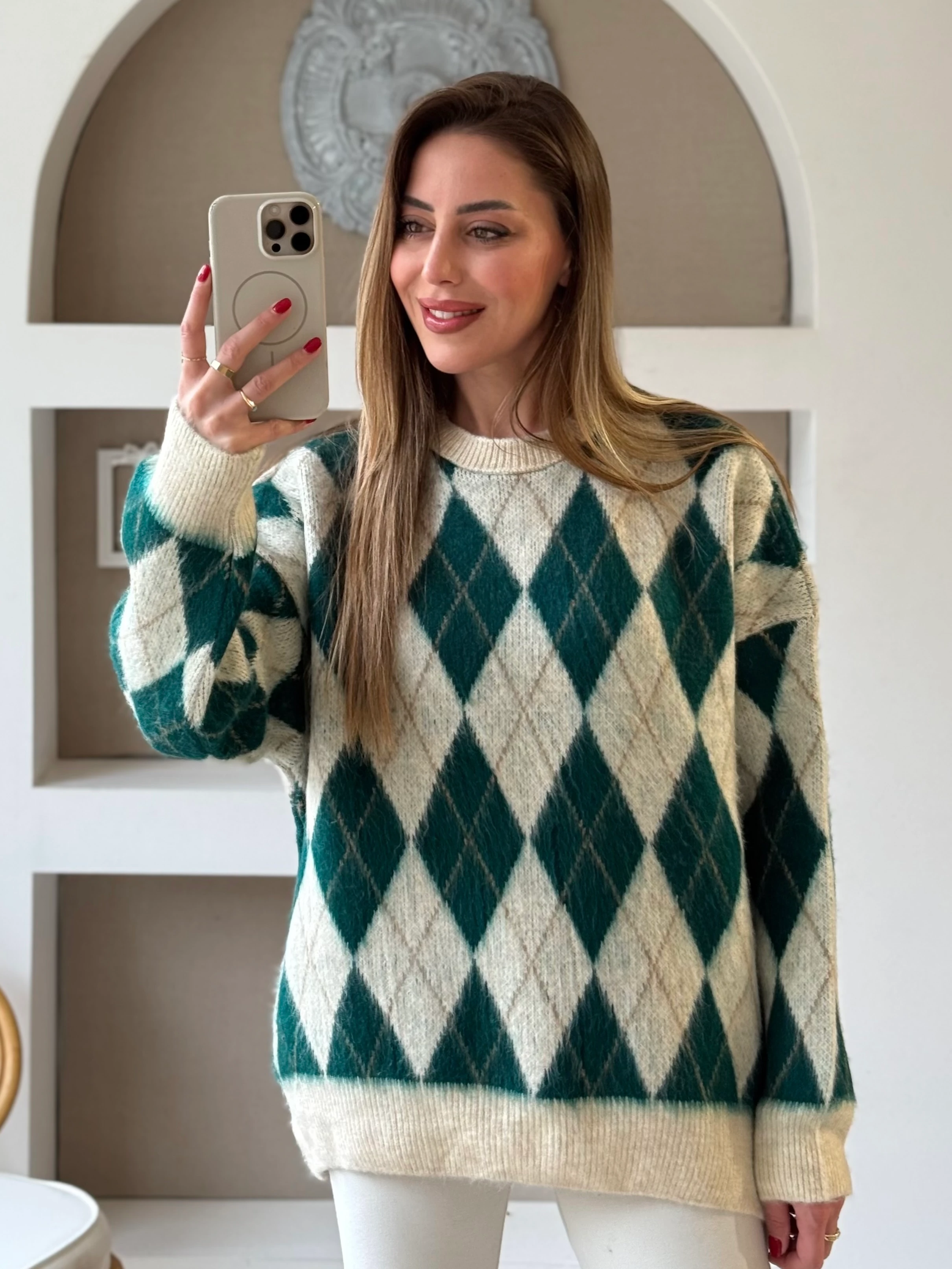 Baklava Desen Şardonlu Kazak - yeşil