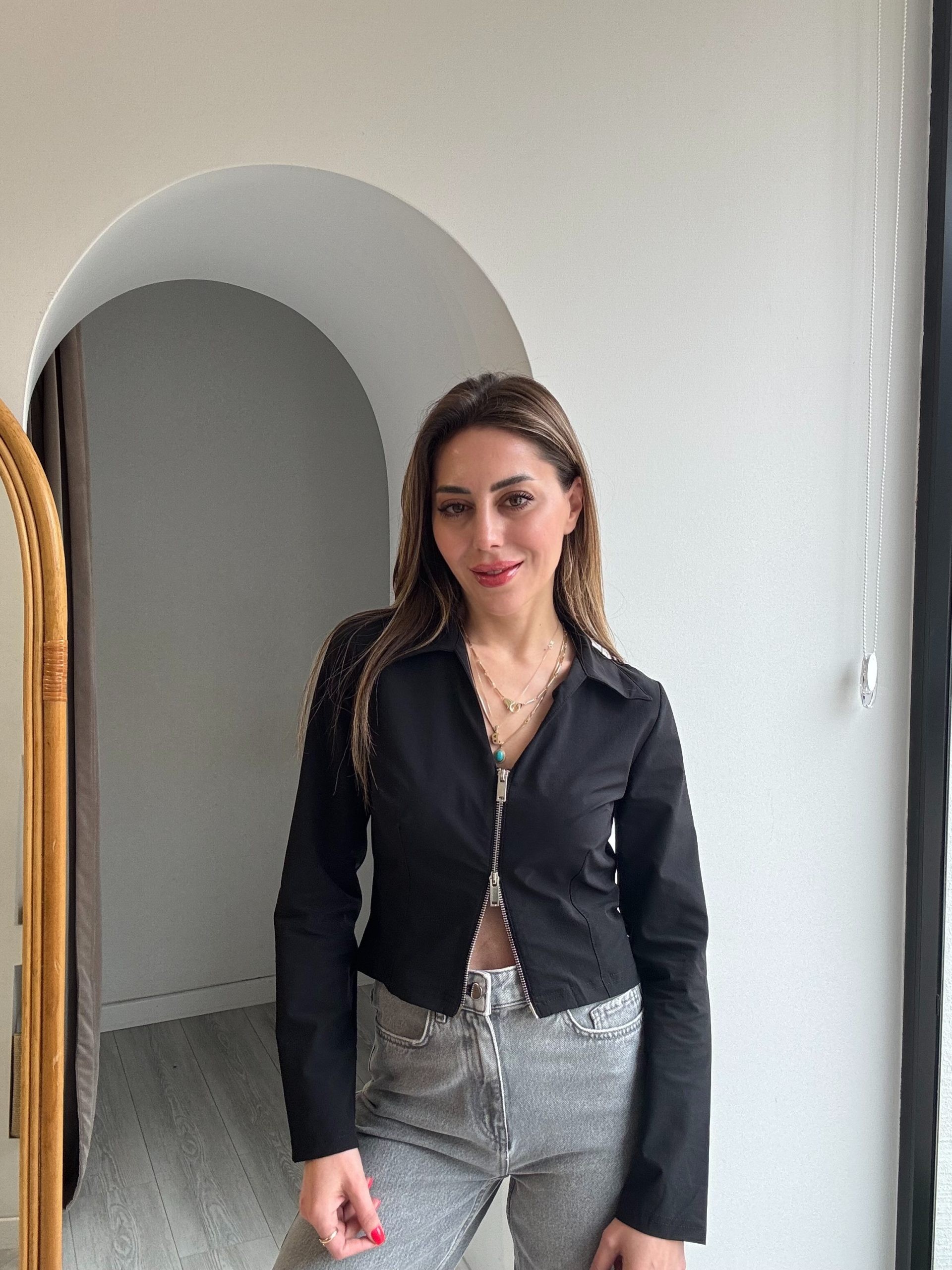Fermuar Detaylı Crop Gömlek