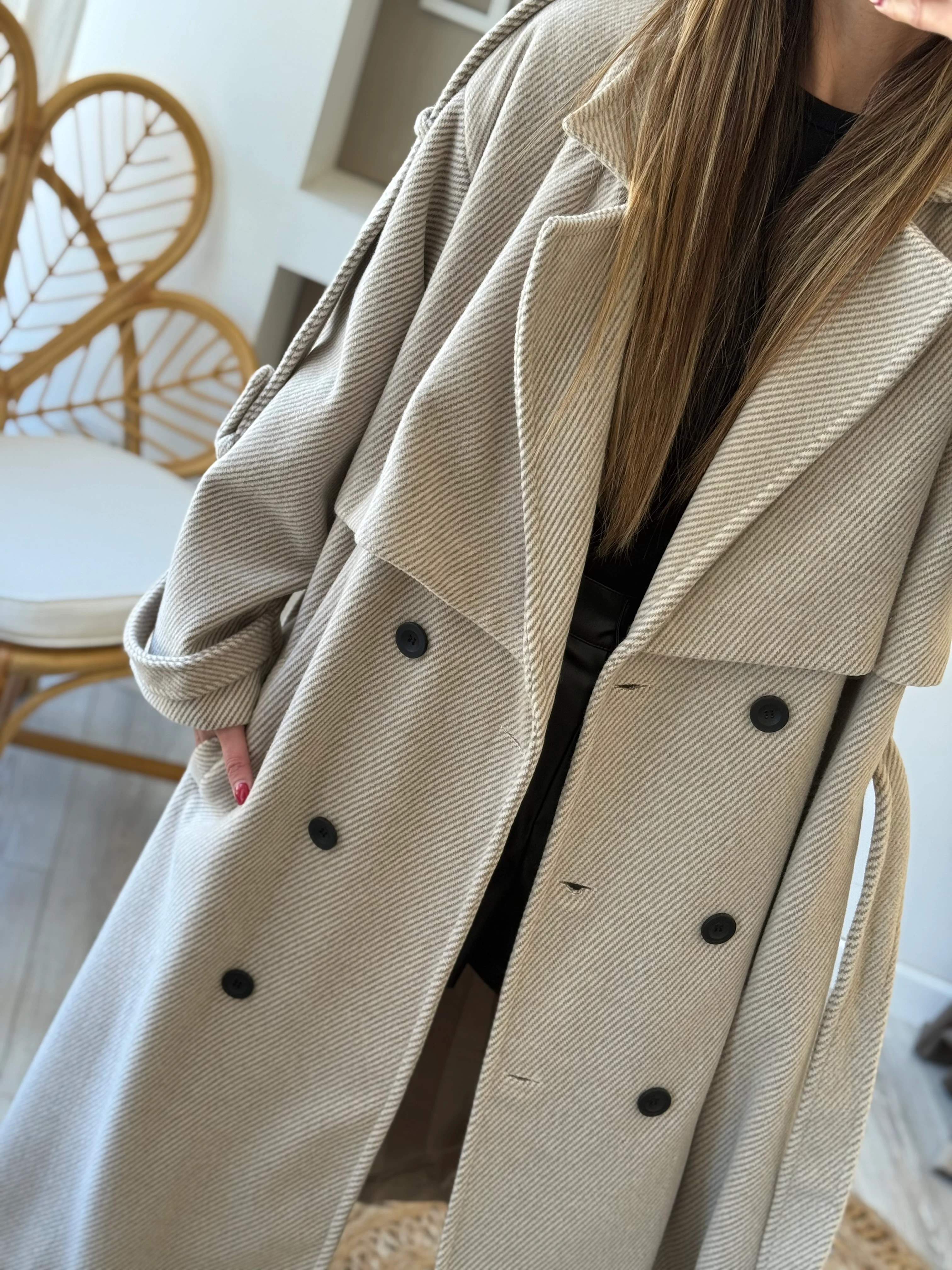 Balık Sırtı Desen Uzun Kaban