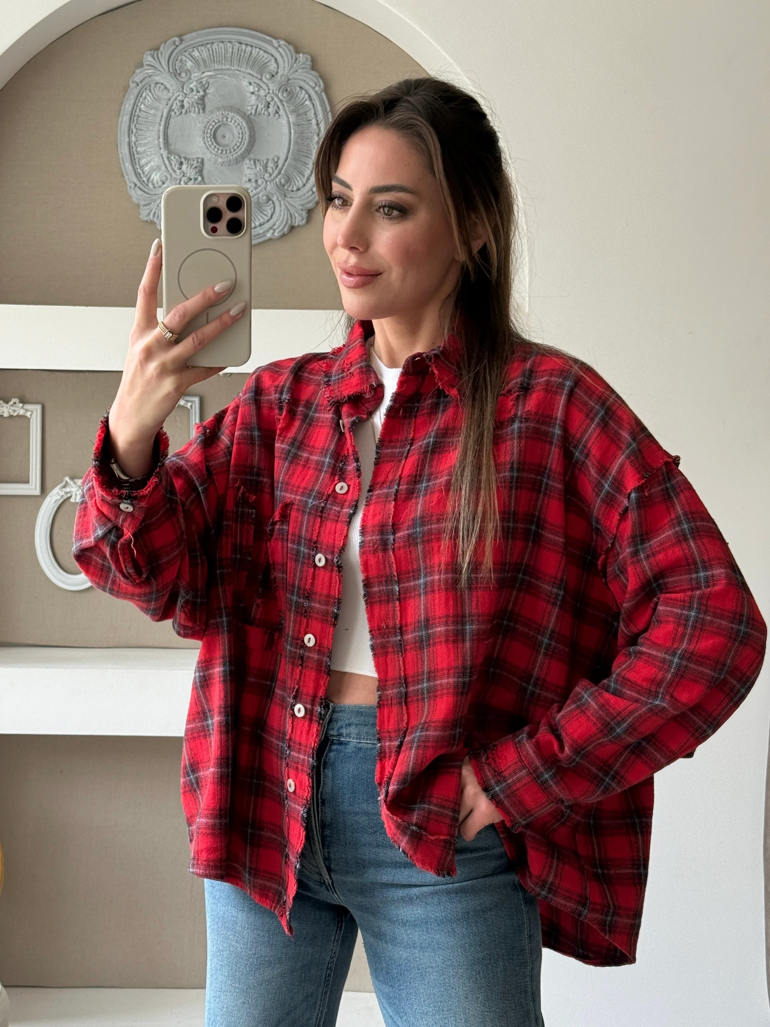 Pis Dikiş Detaylı Ekose Gömlek  - Kırmızı