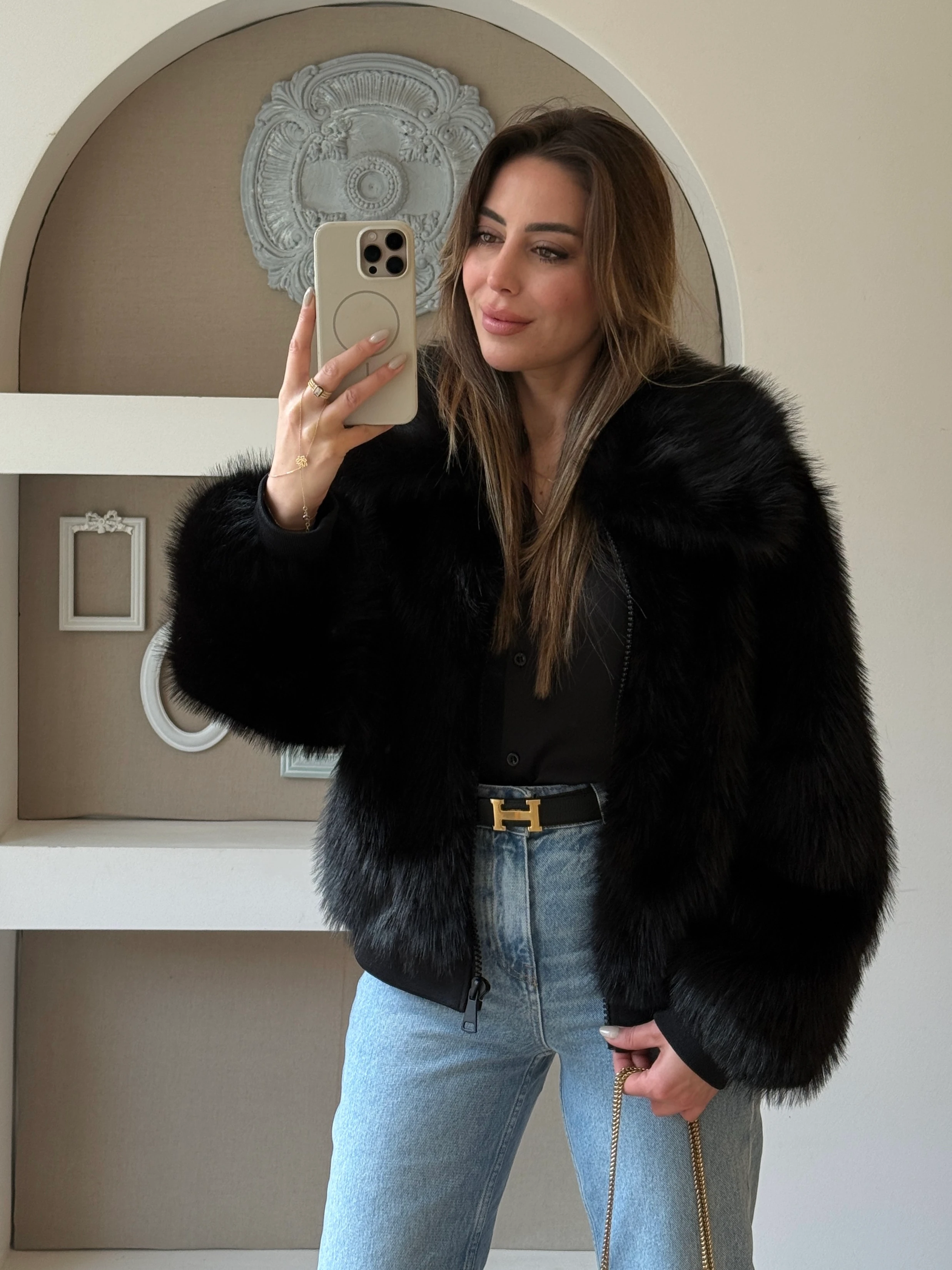 Premium Siyah Renk Fermuarlı Kürk Ceket