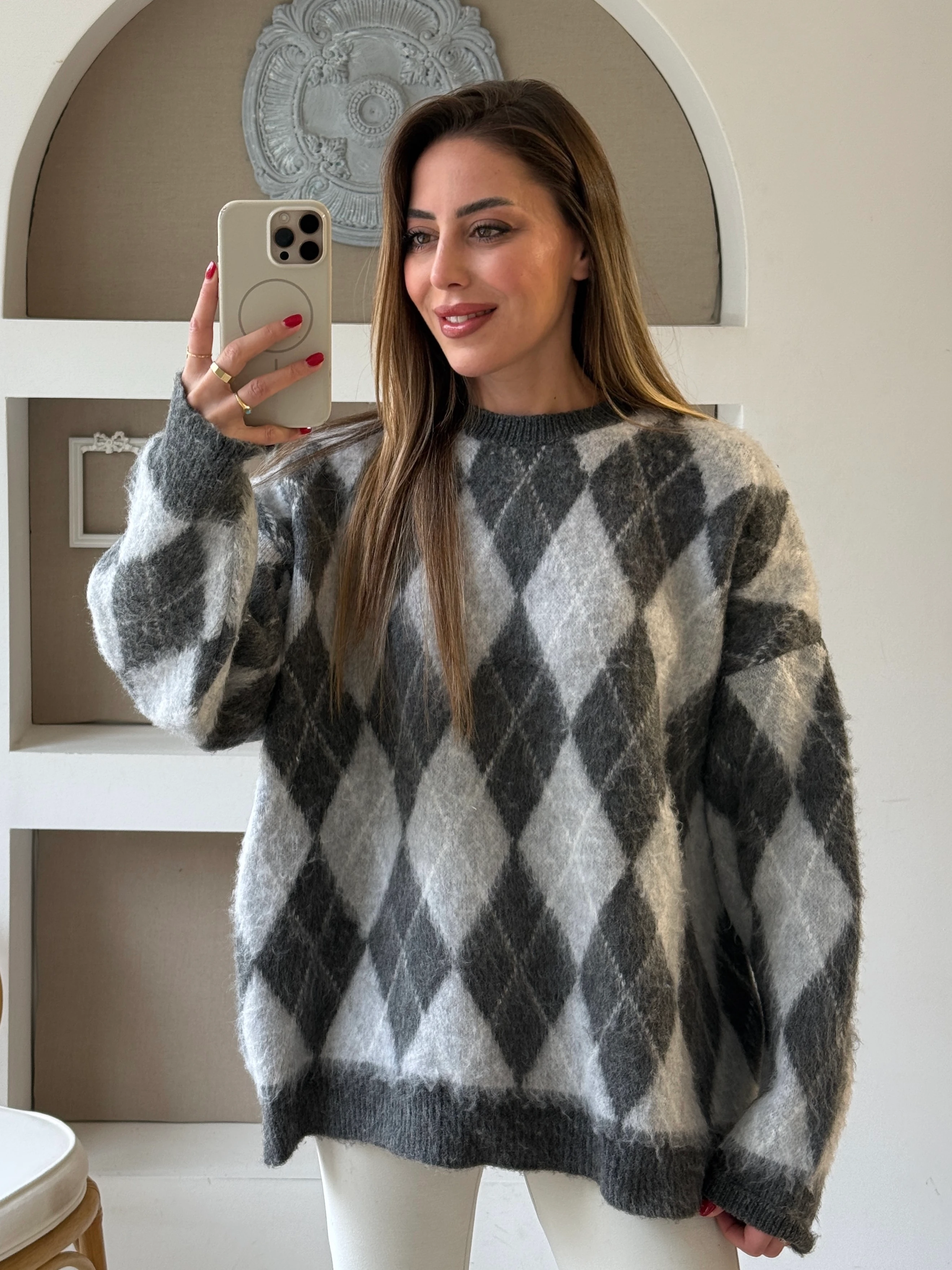 Baklava Desen Şardonlu Kazak - Antrasit Gri