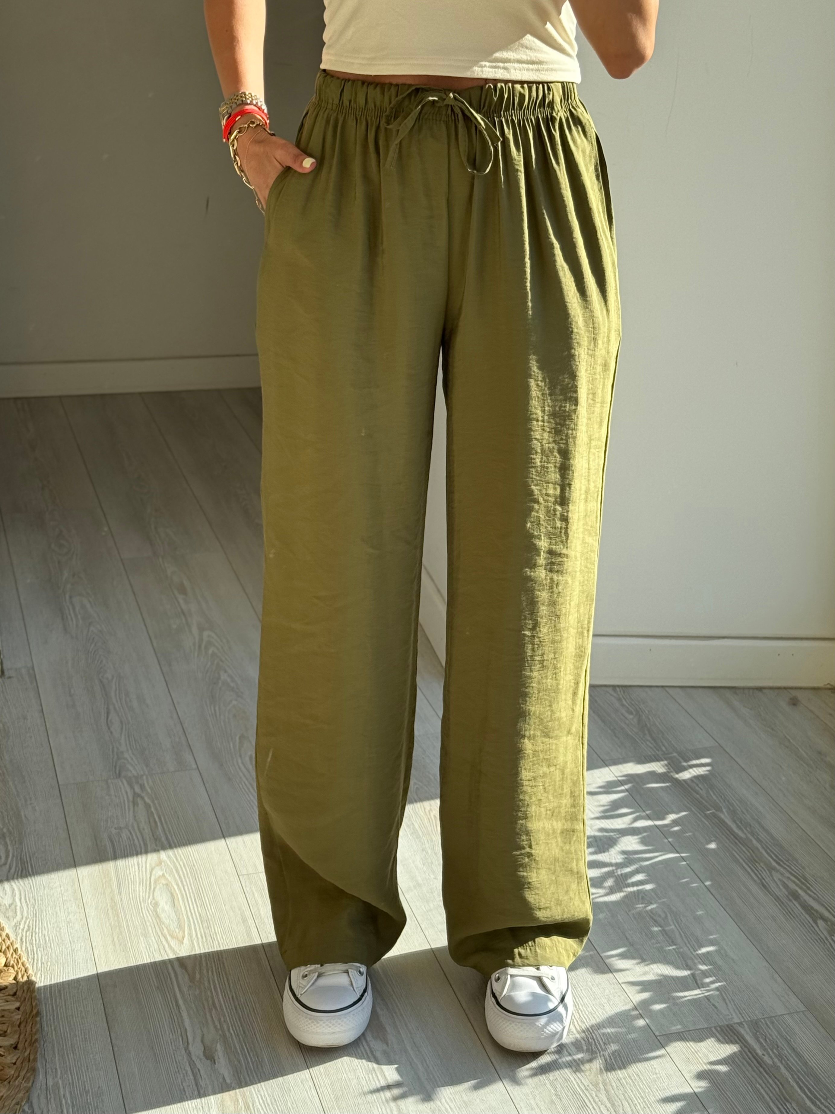 Beli Lastikli Tensel Bol Pantolon - Haki
