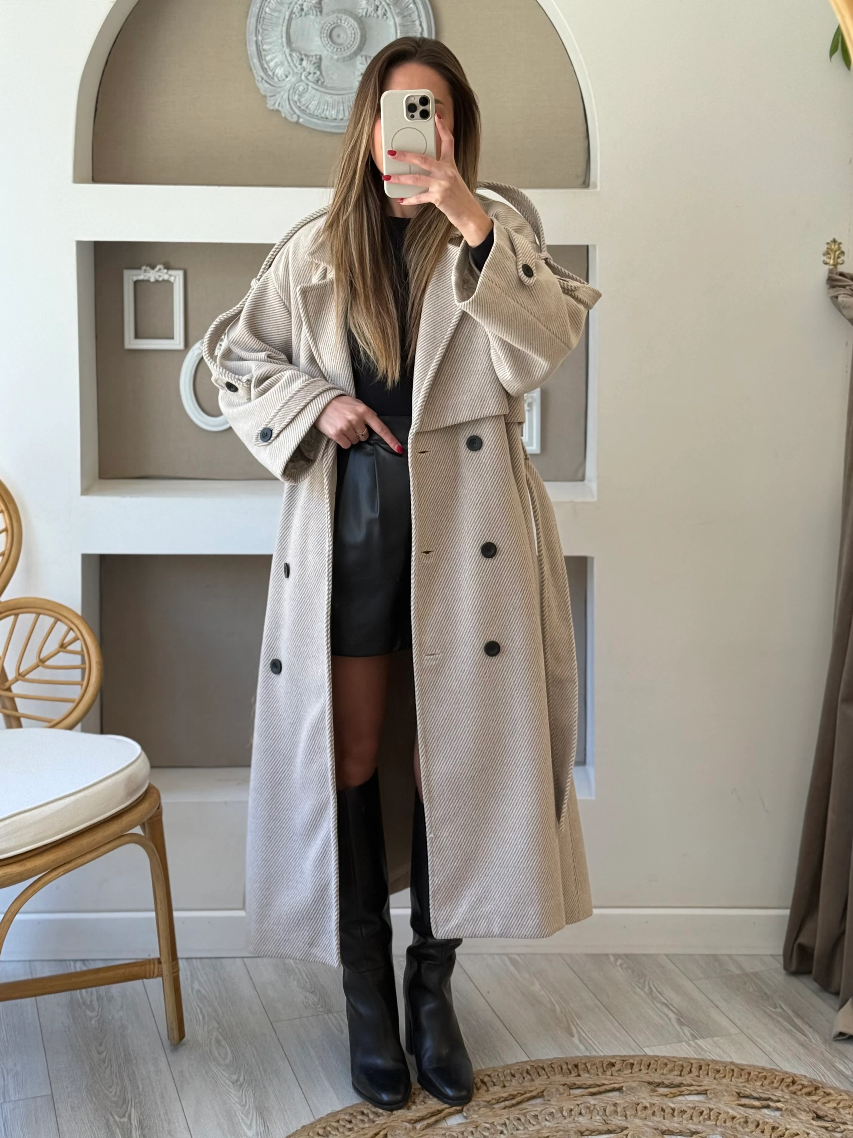 Balık Sırtı Desen Uzun Kaban