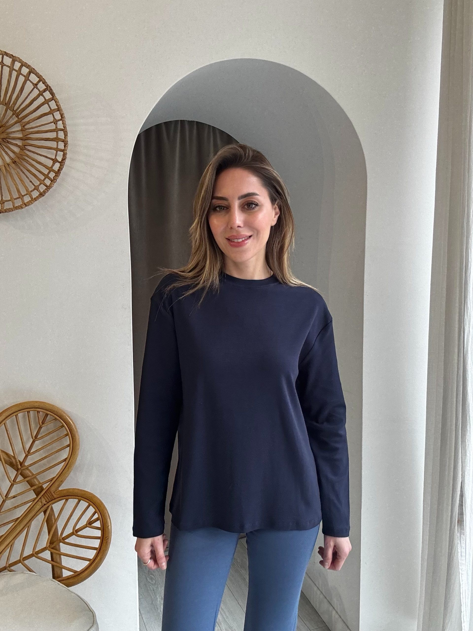 Lacivert Uzun Kol %100 Pamuk Basic Tshirt