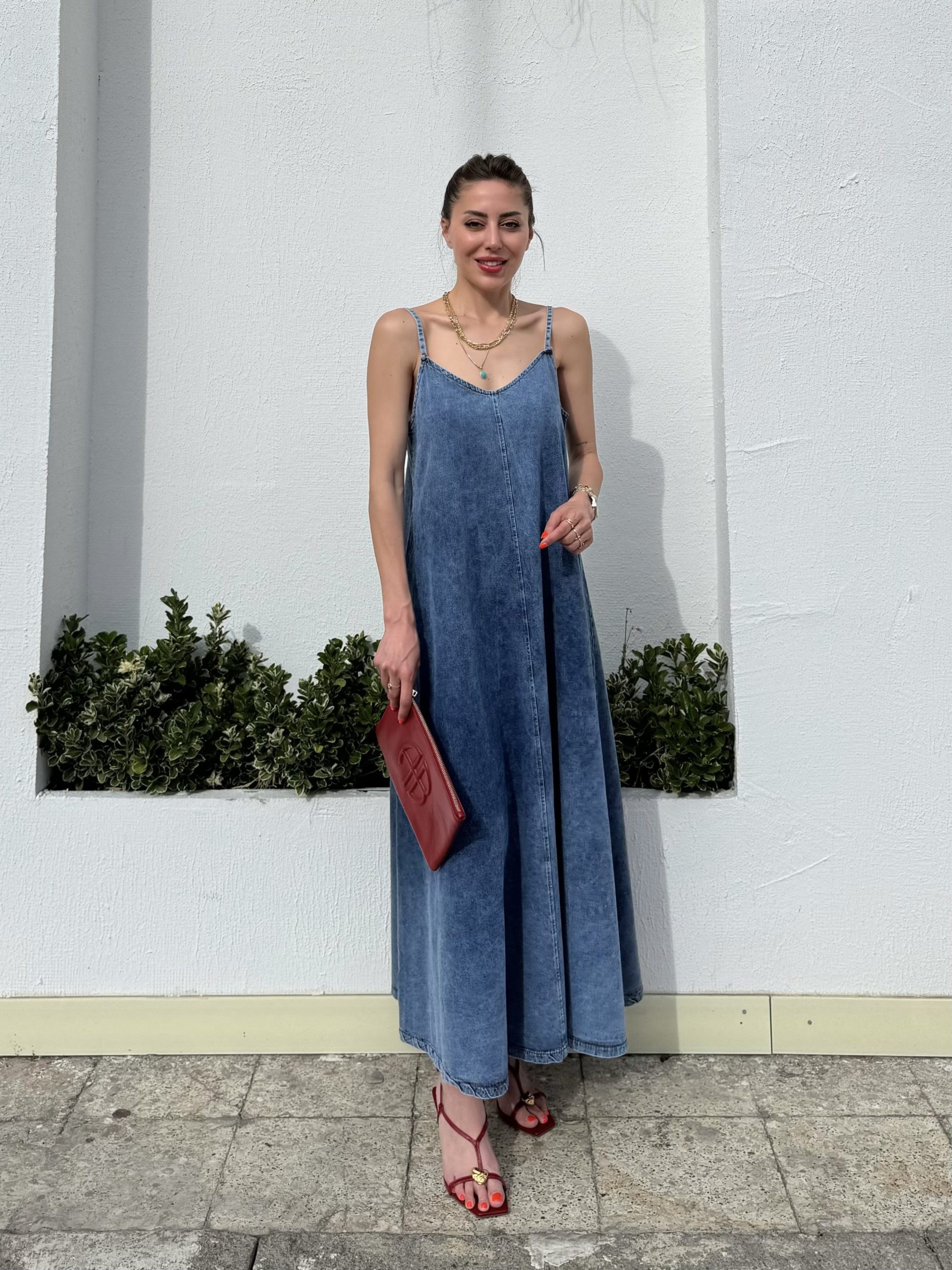Açık Mavi Askılı Maxi Boy Denim Elbise