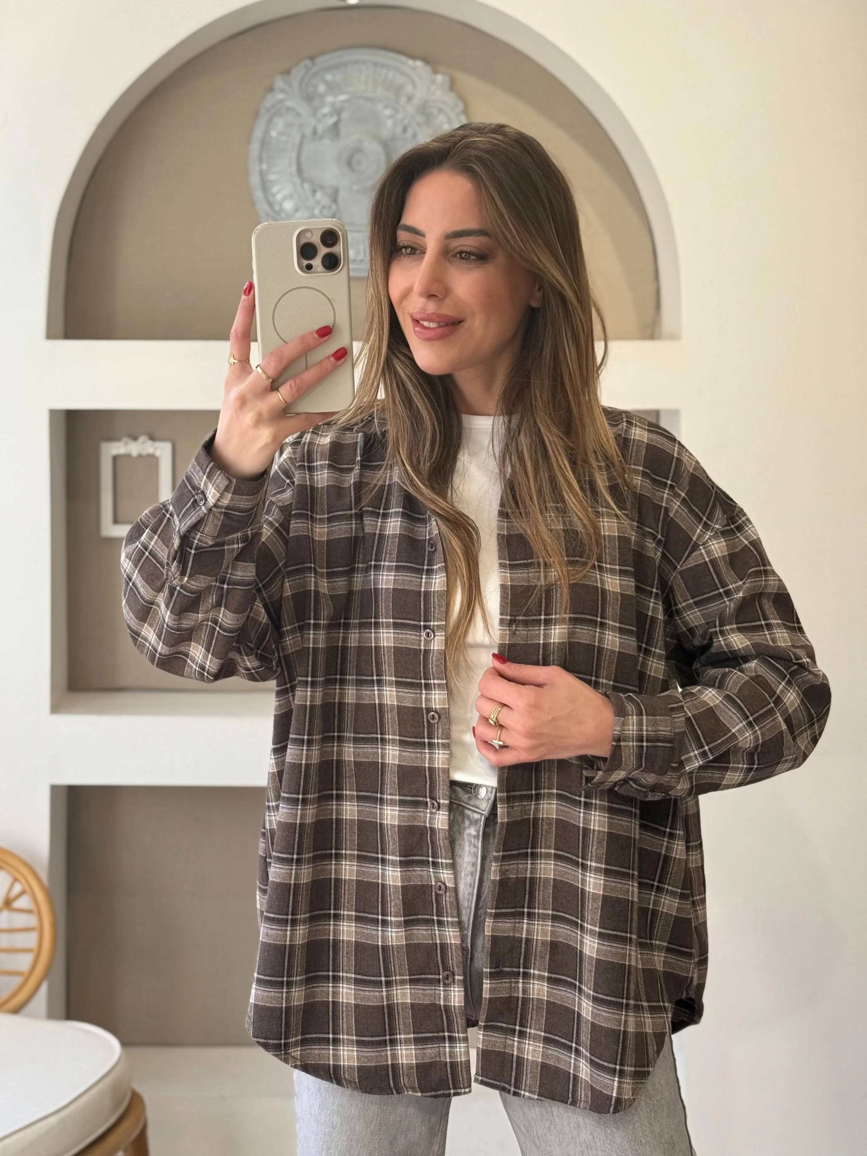 Ekose Desen Gömlek - Sütlü kahve