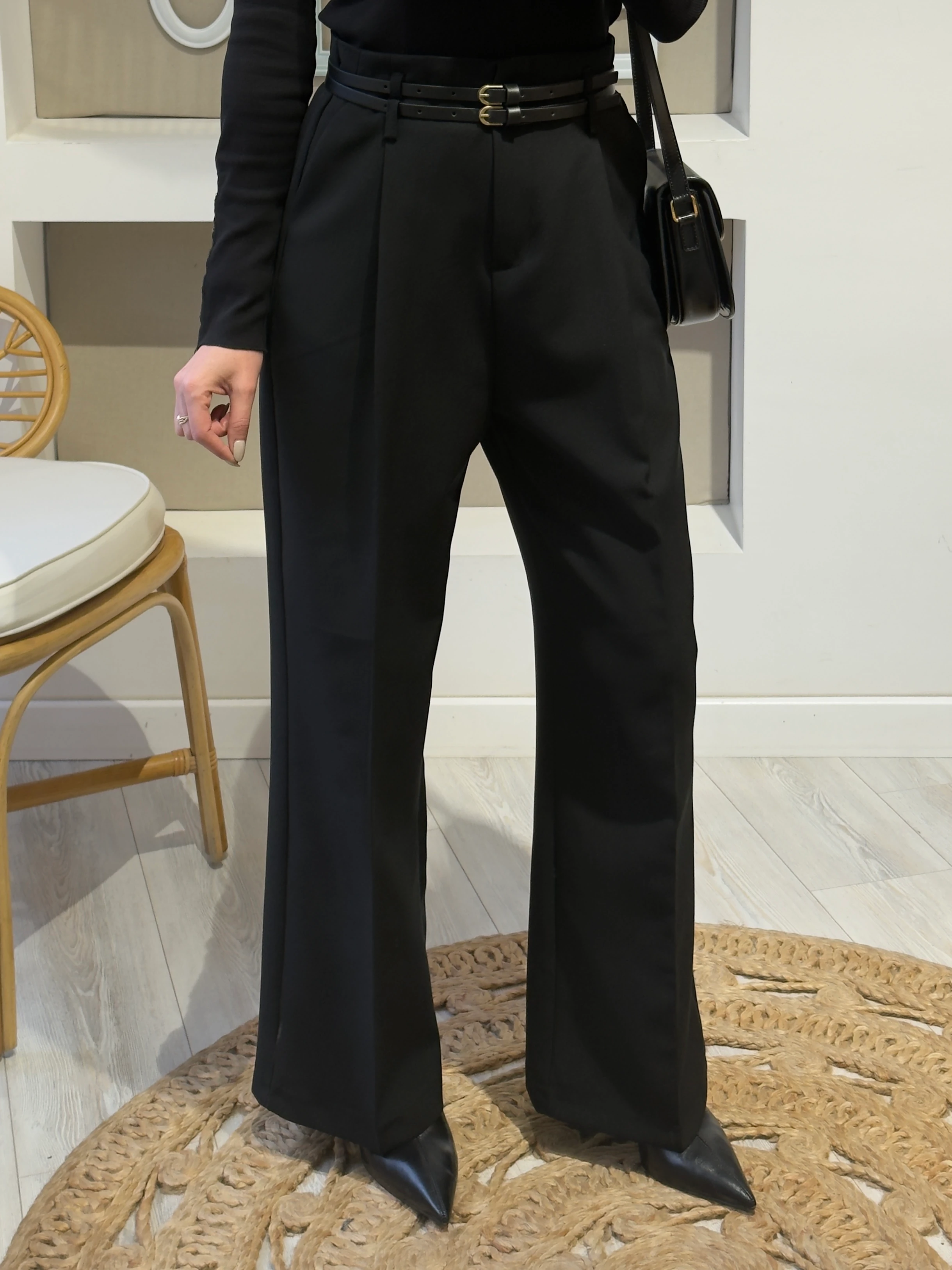 Çift Kemer Siyah Palazzo Pantolon 