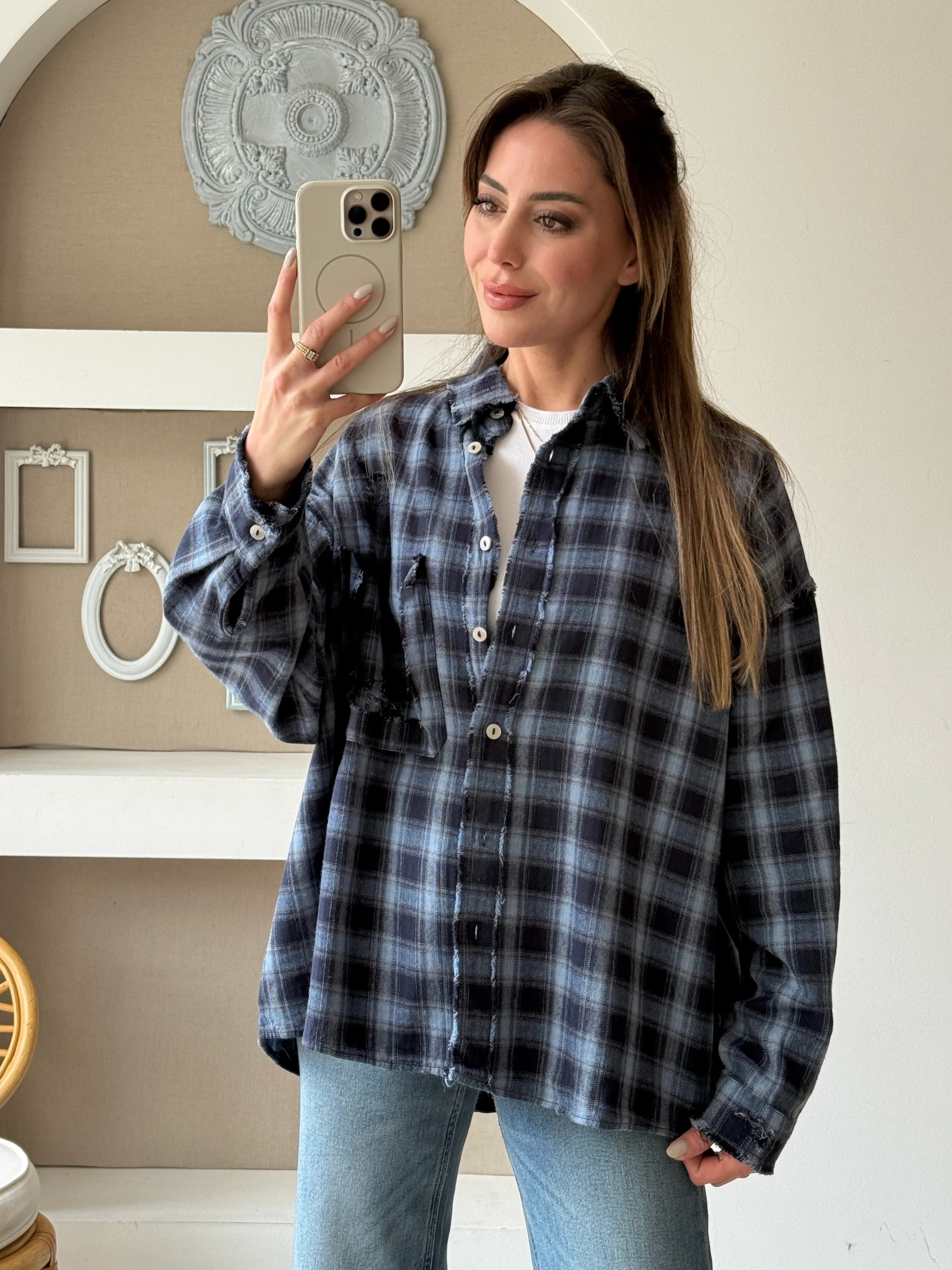 Pis Dikiş Detaylı Ekose Gömlek  - Mavi