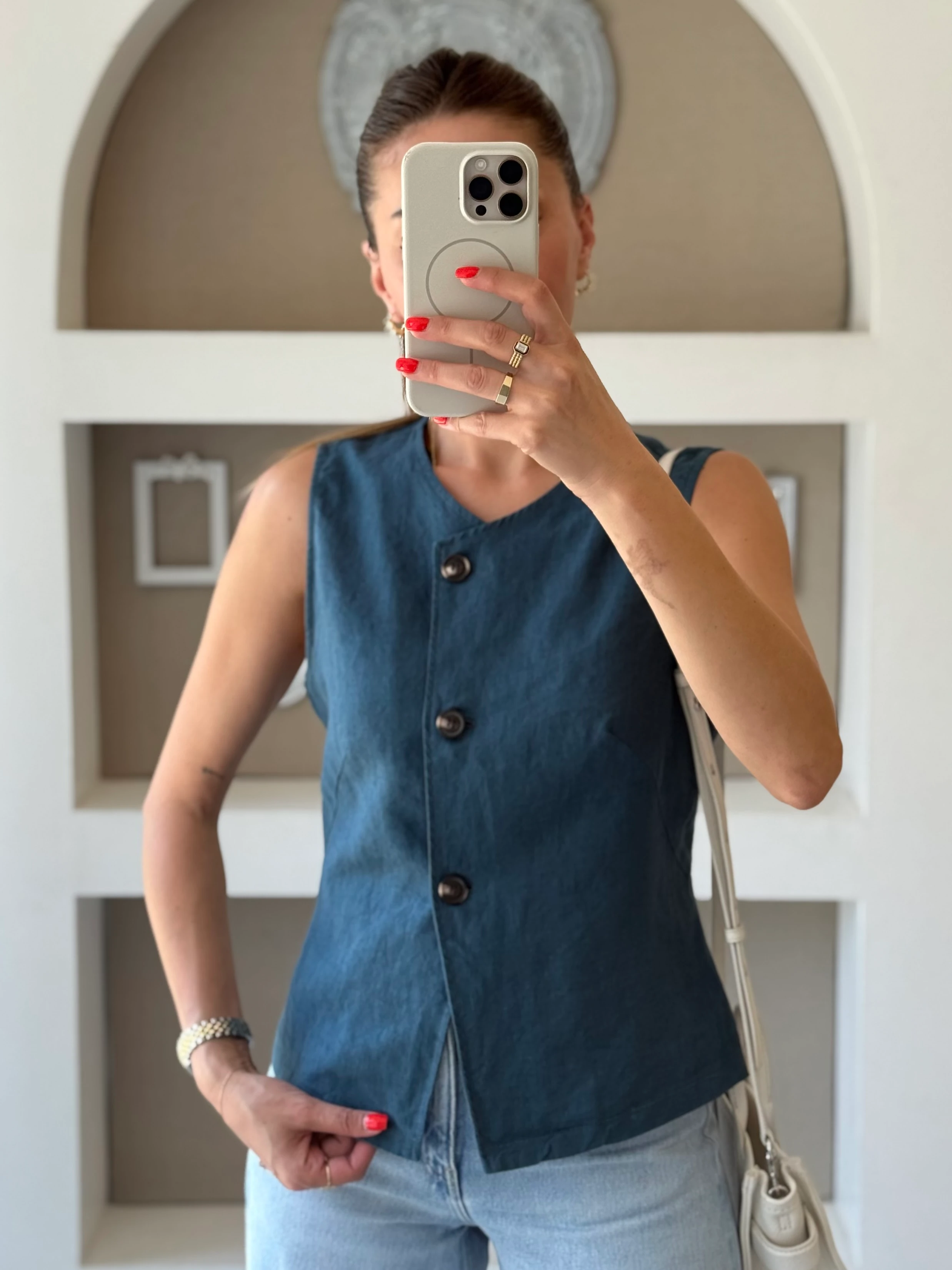 Dilvin Ördek Yeşili Renk Keten Yelek