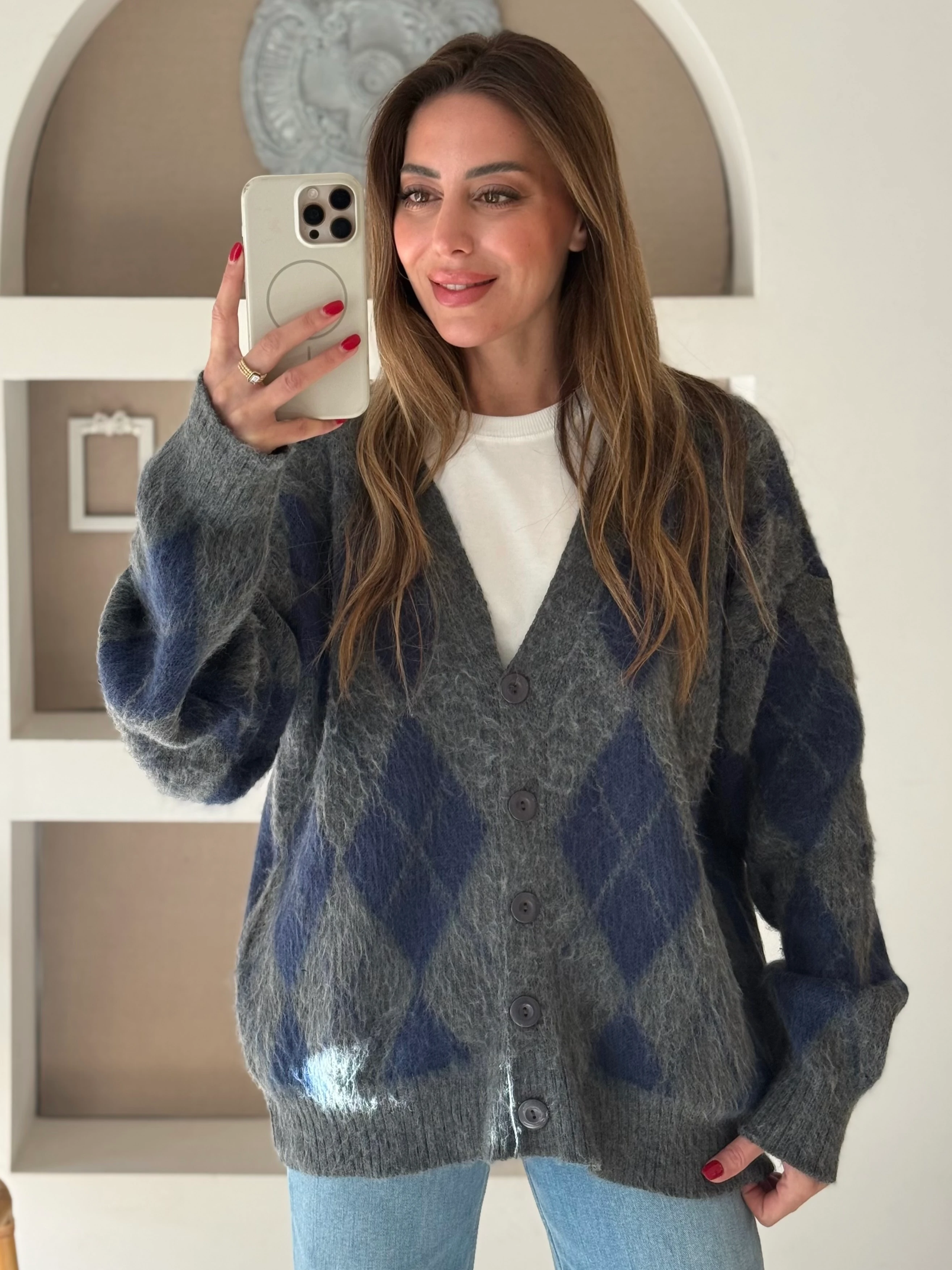 Baklava Desen Hırka - Gri