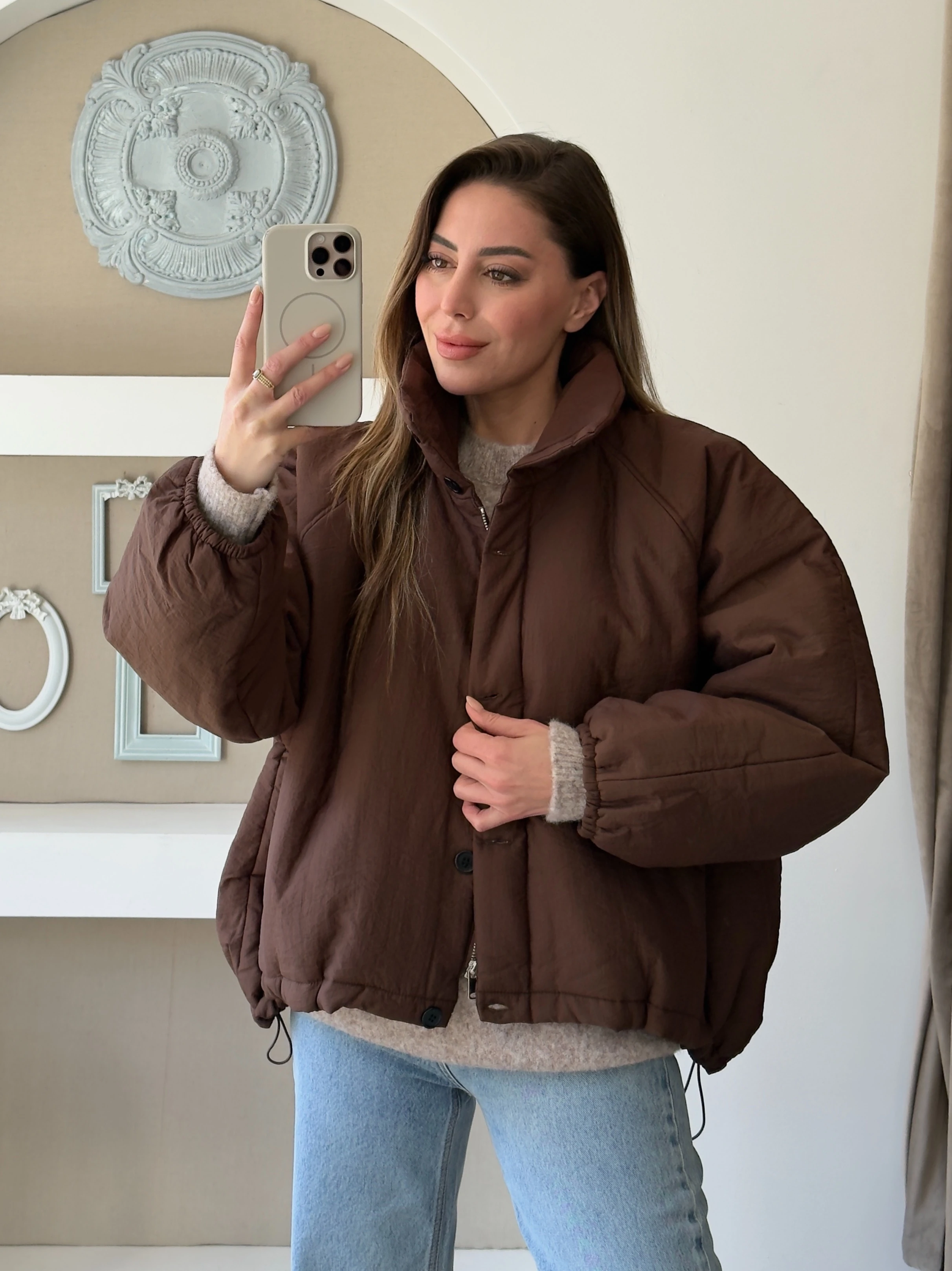 Dik Yaka Şişme Mont - Kahverengi