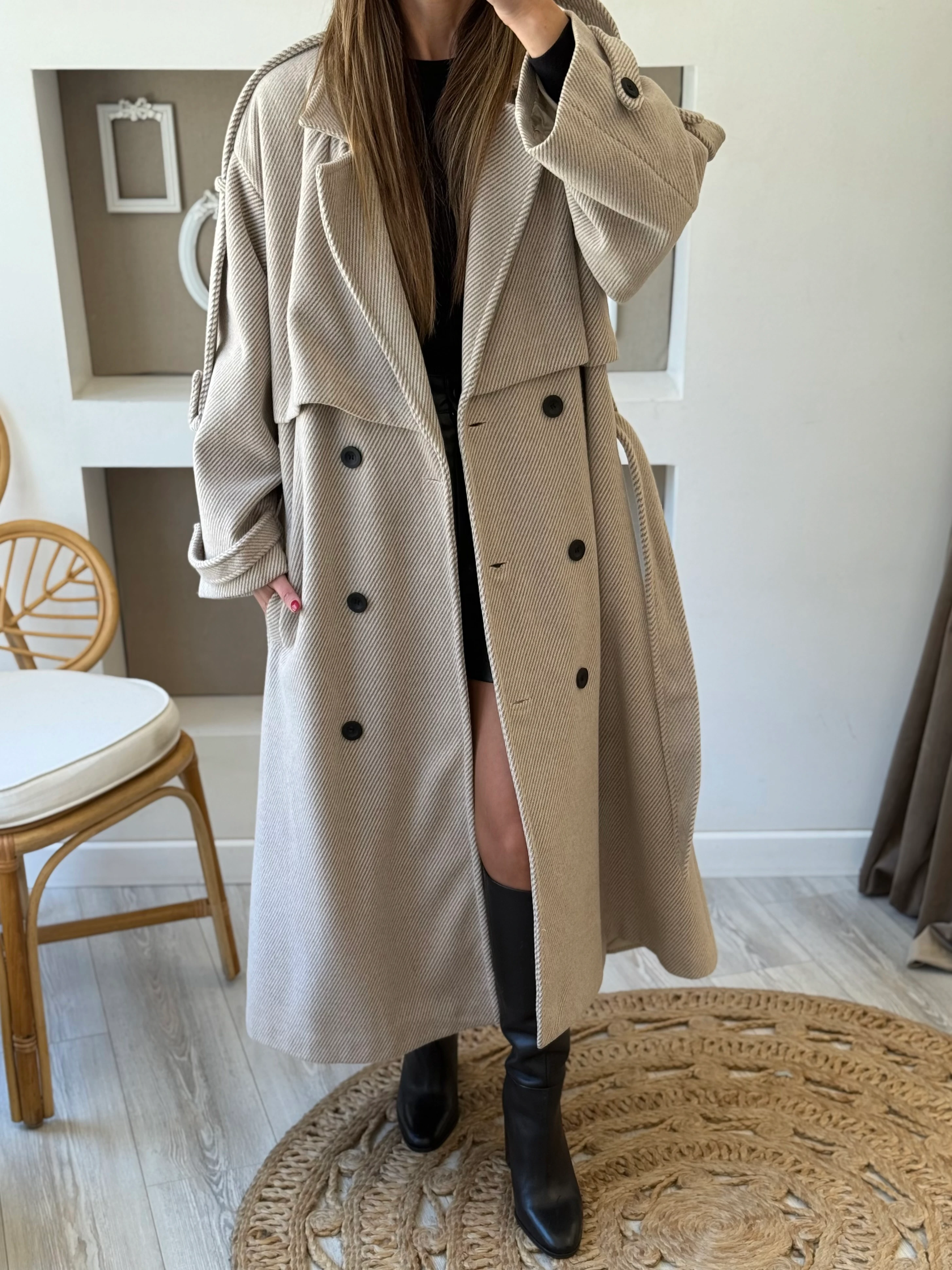 Balık Sırtı Desen Uzun Kaban