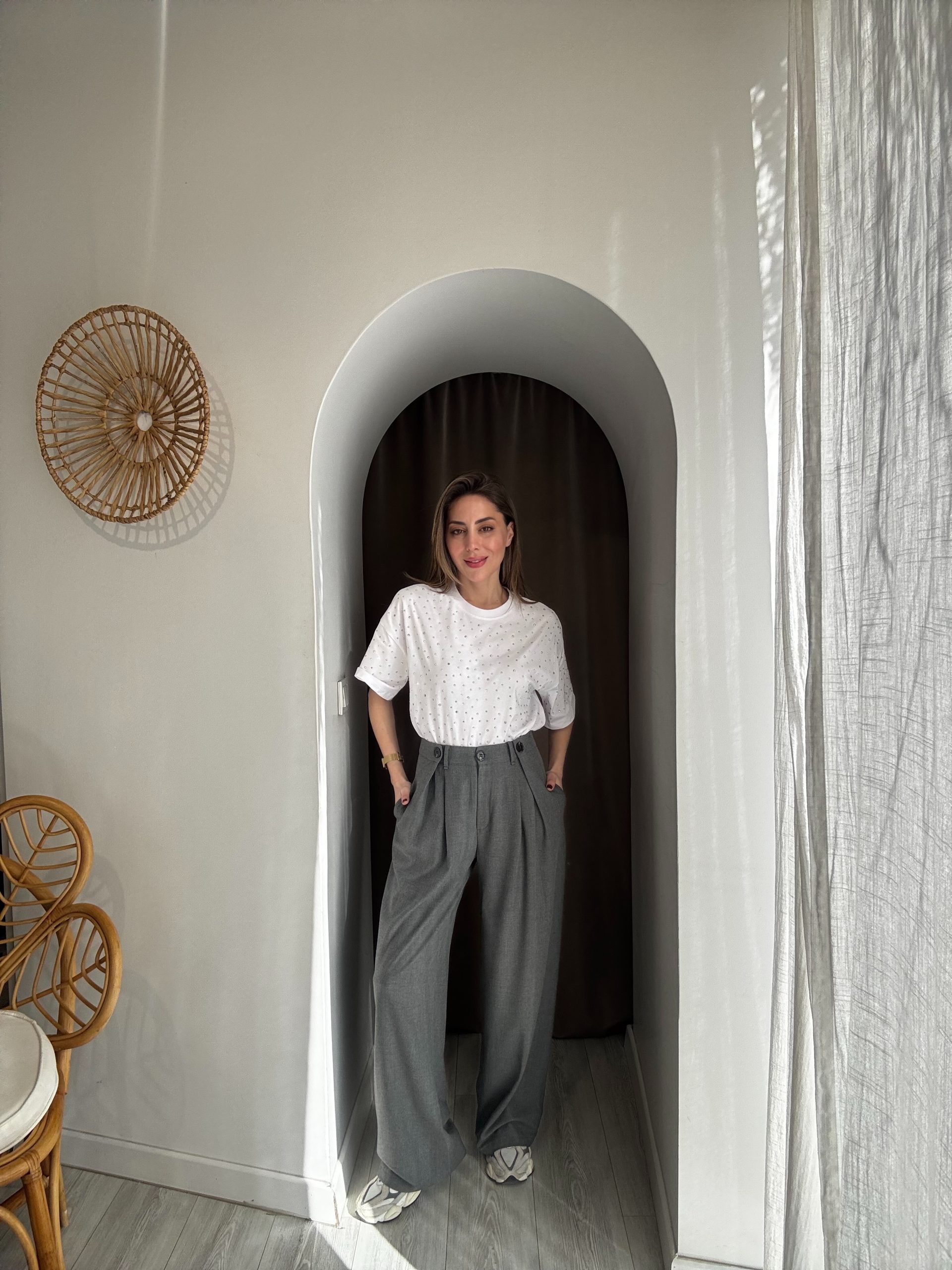 Düğme ve Pile Detaylı Gri Renk Palazzo Pantolon