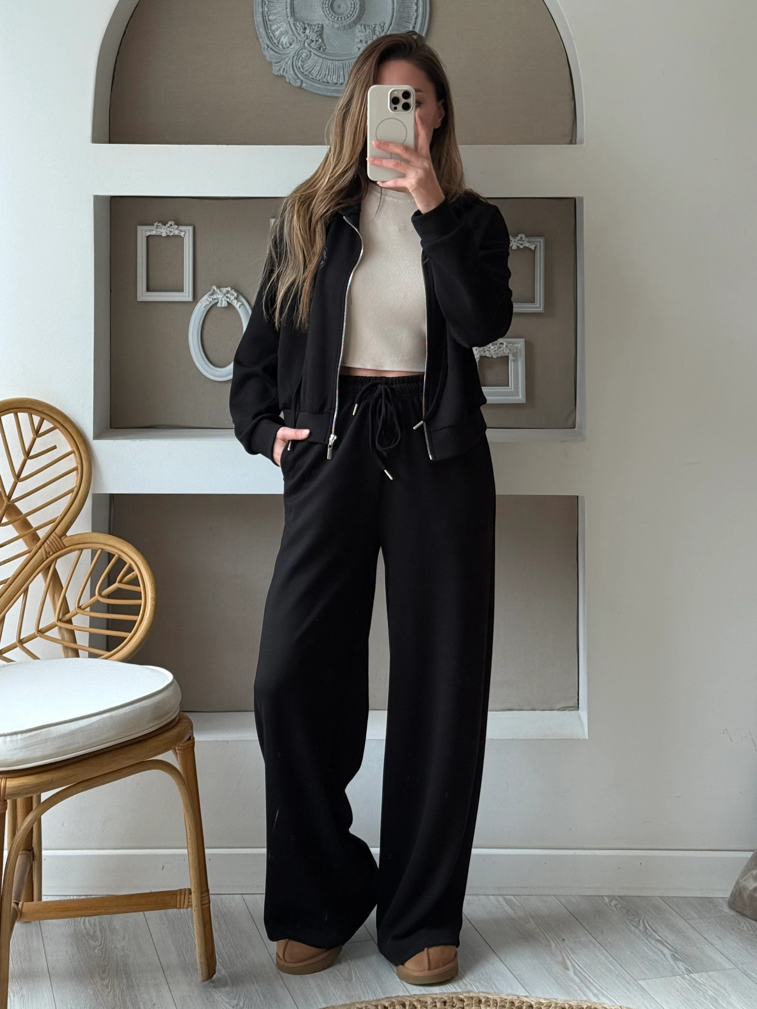 Kalp Baskı Detaylı Fermuarlı Takım - Siyah