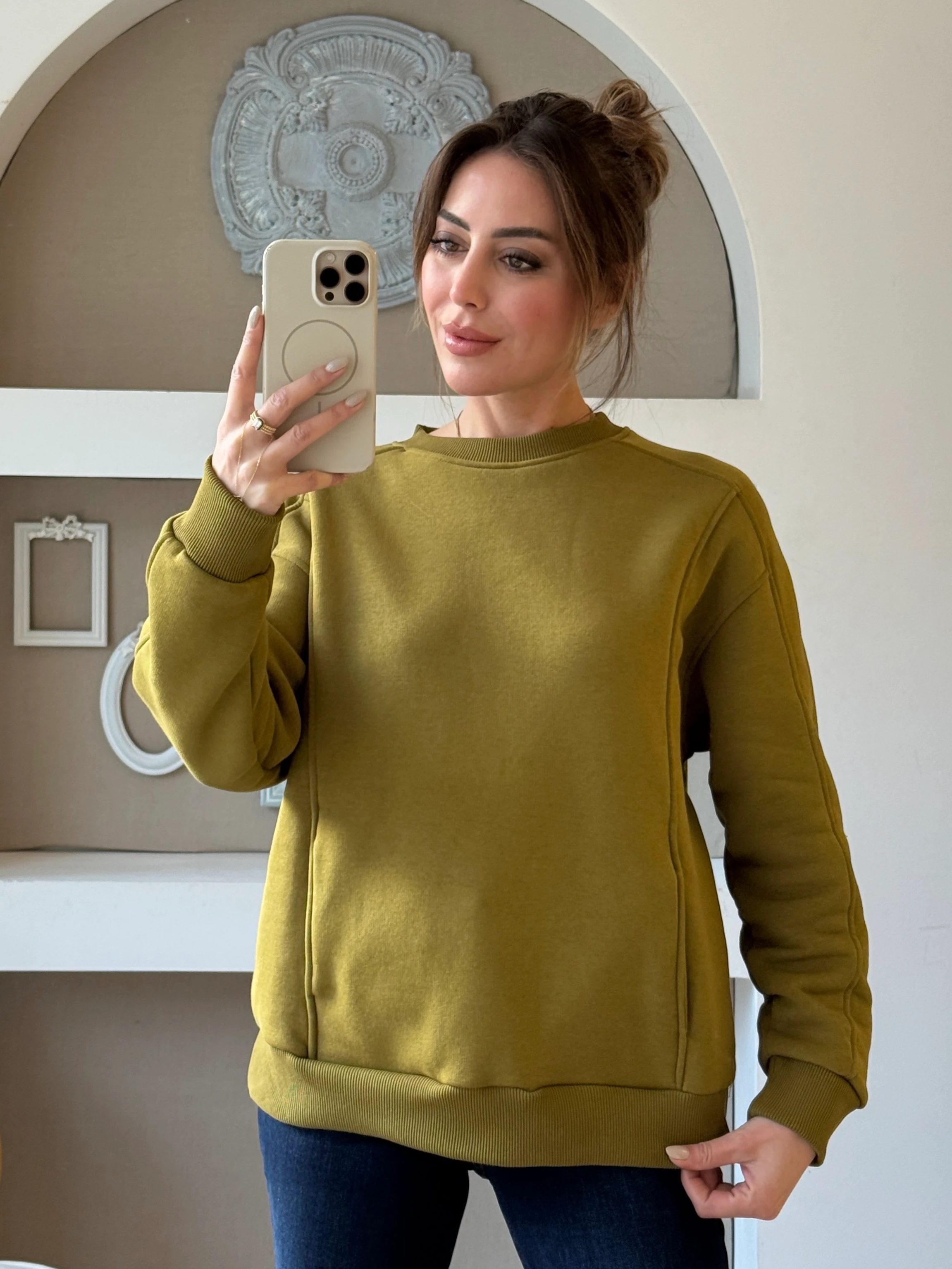 Gizli Cep Şardonlu Sweatshirt  - Yağ Yeşili