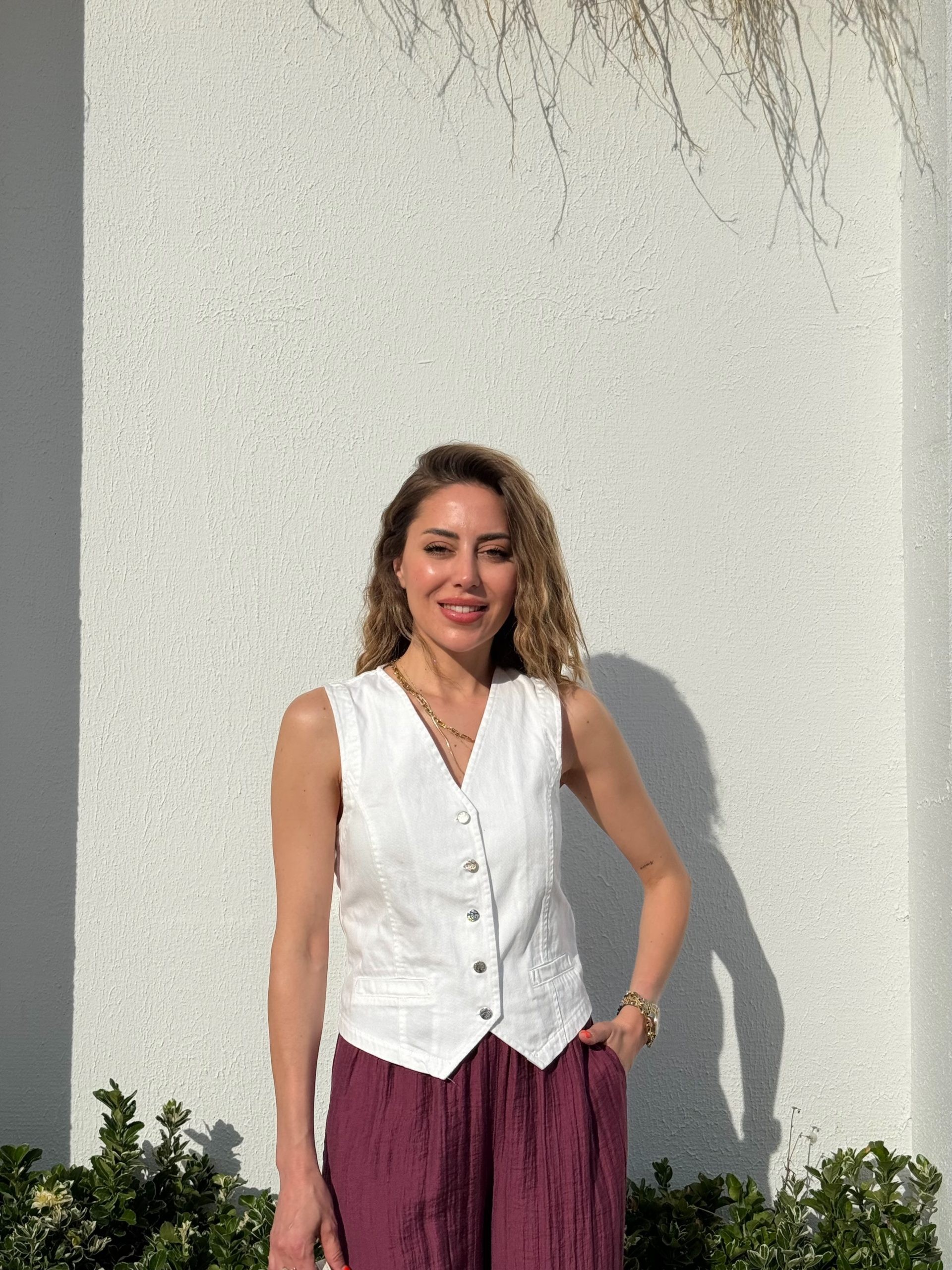 Beyaz Renk Denim Yelek
