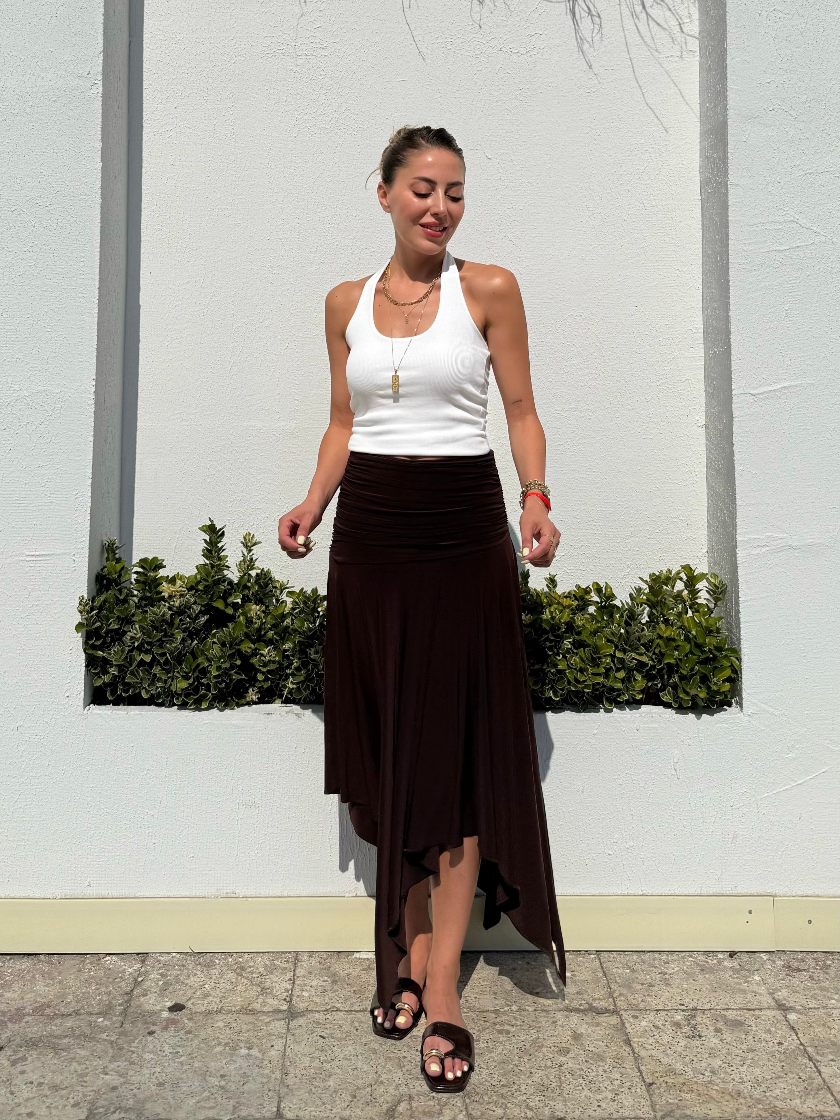 Asimetrik Kesim Drape Detaylı Etek - kahverengi
