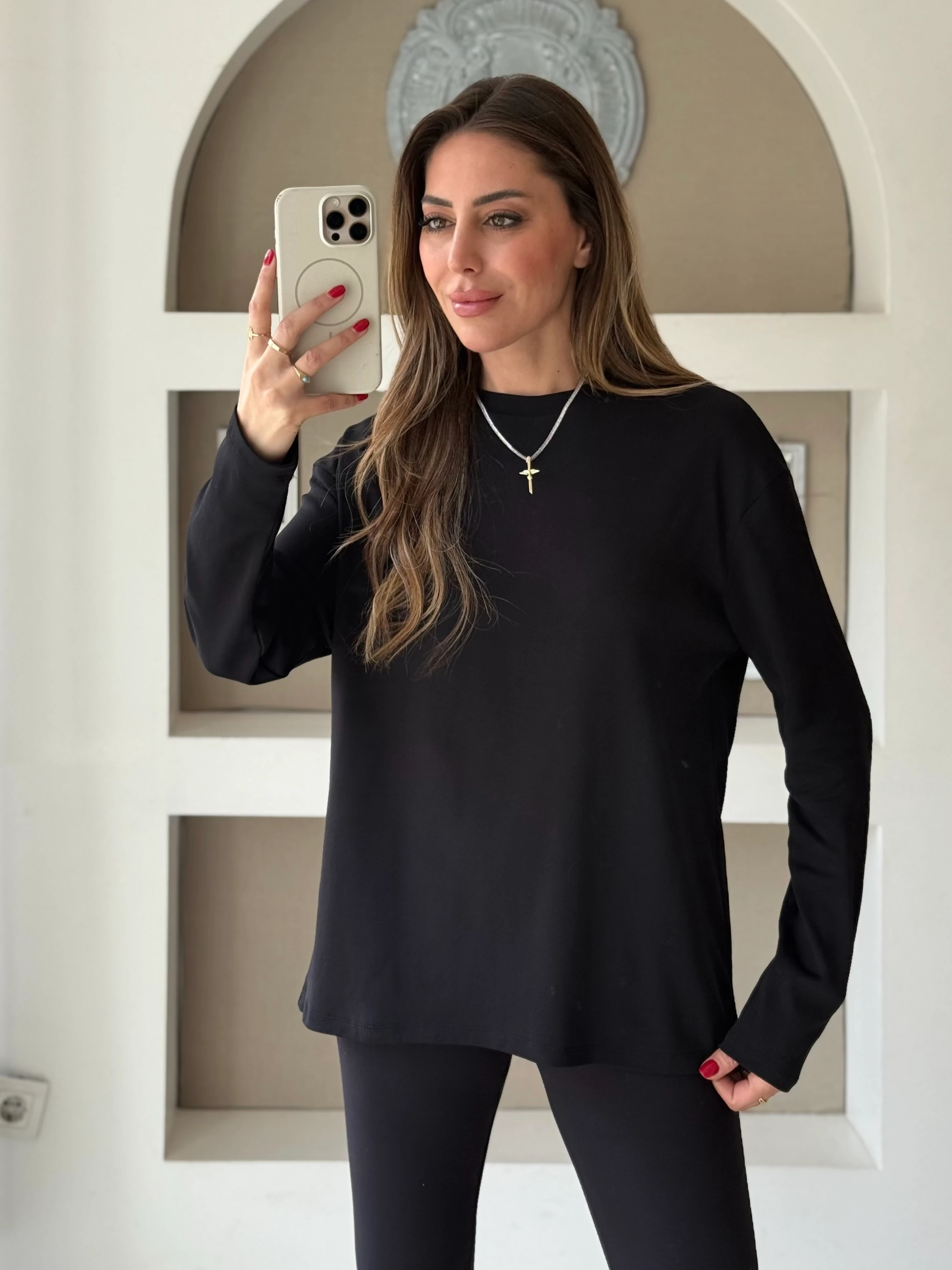 Uzun Kollu Basic Tshirt  - Siyah