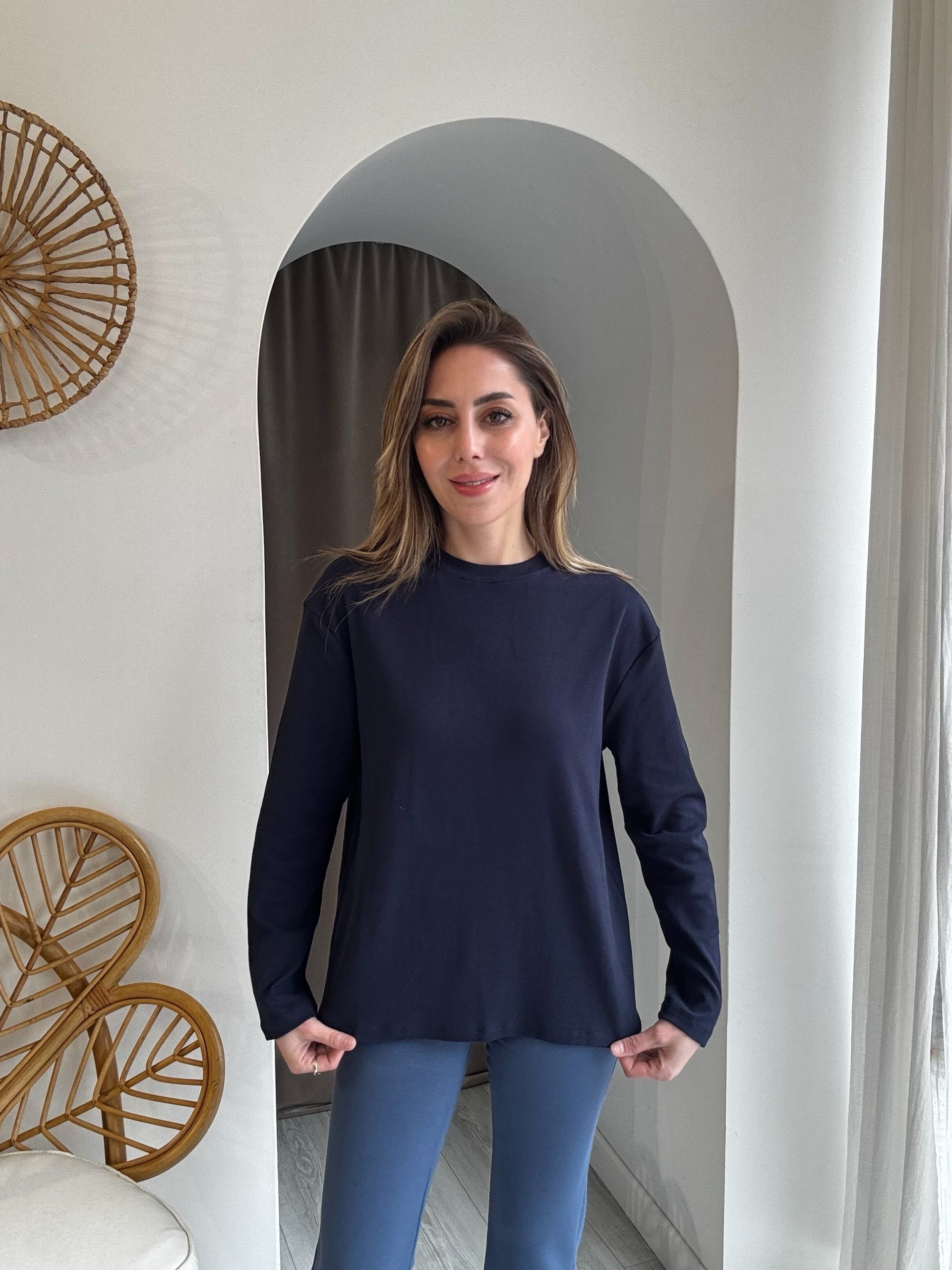 Lacivert Uzun Kol %100 Pamuk Basic Tshirt