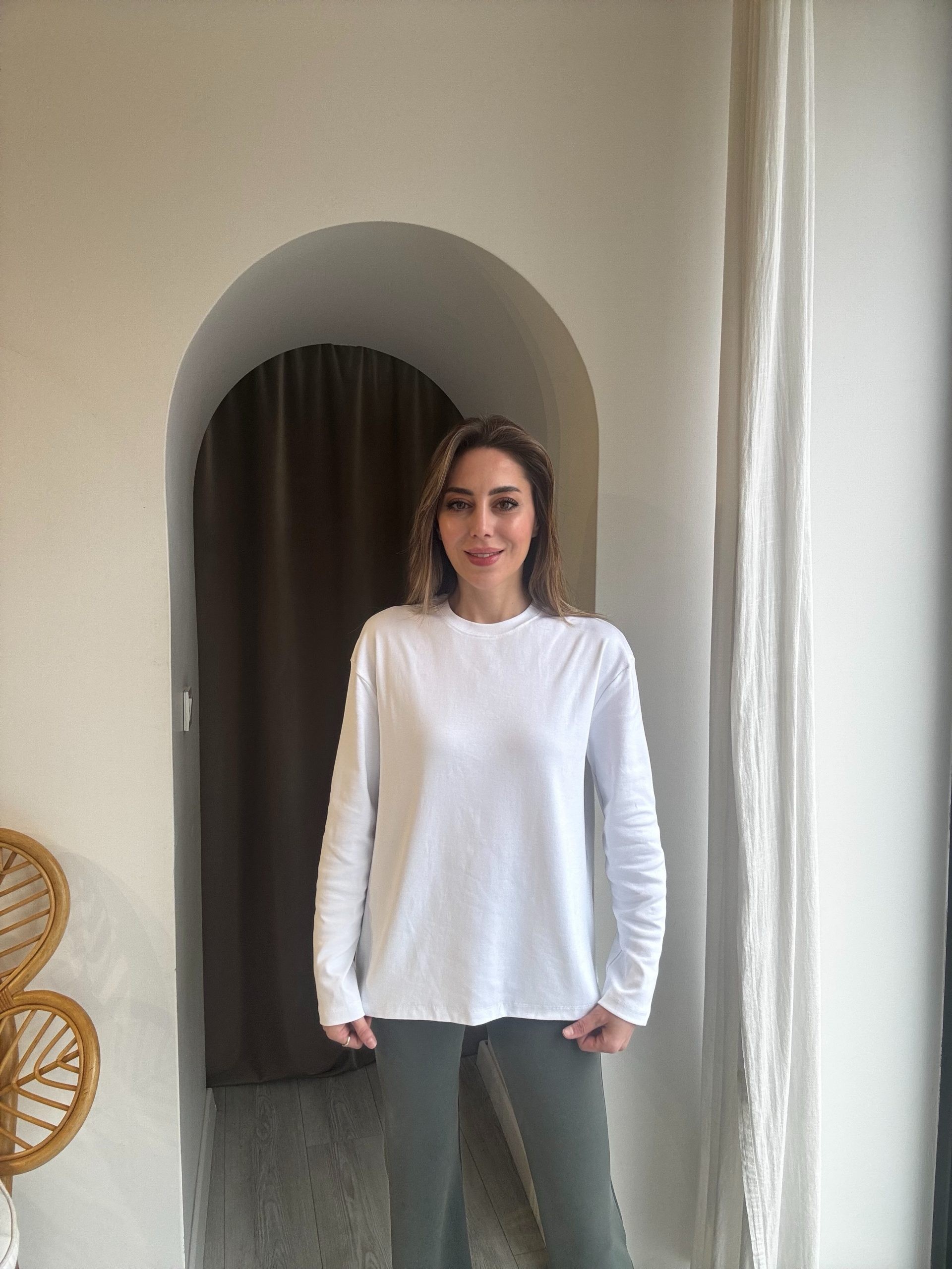 Beyaz Uzun Kollu Basic Tshirt