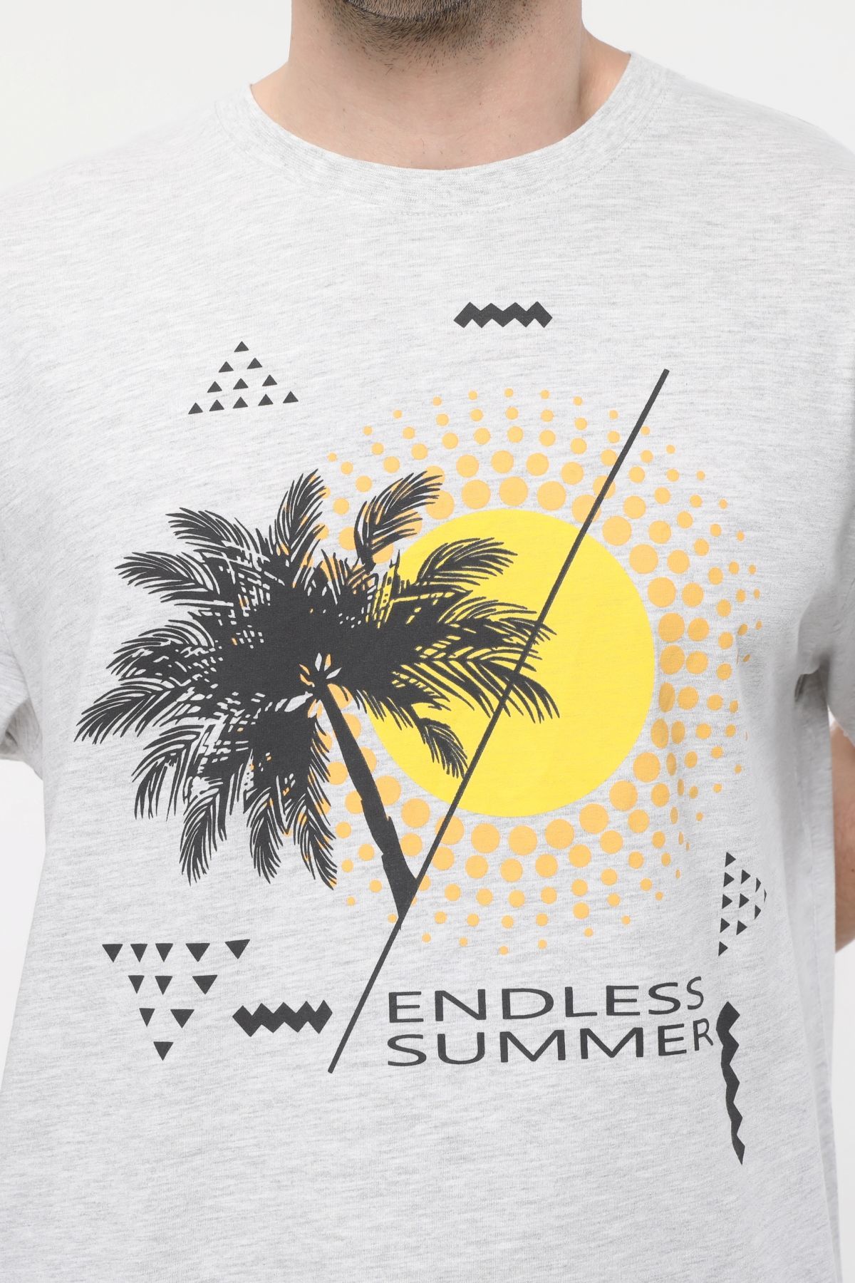 Erkek Bisiklet Yaka Kısa Kollu Oversize Fit Baskılı Tişört - Rio - Kar Melanj