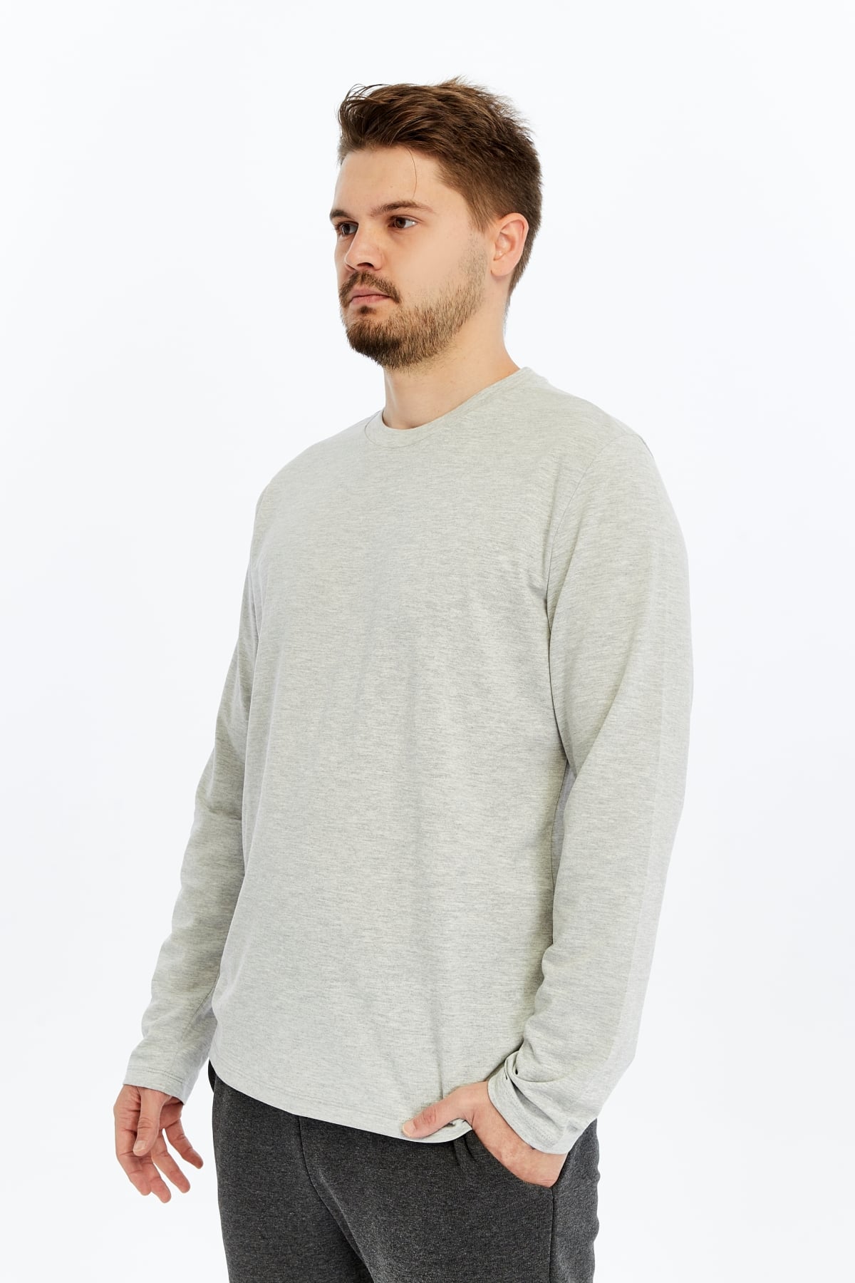 Erkek Bisiklet Yaka Uzun Kollu Regular Fit Basic Tişört - GRİ MELANJ