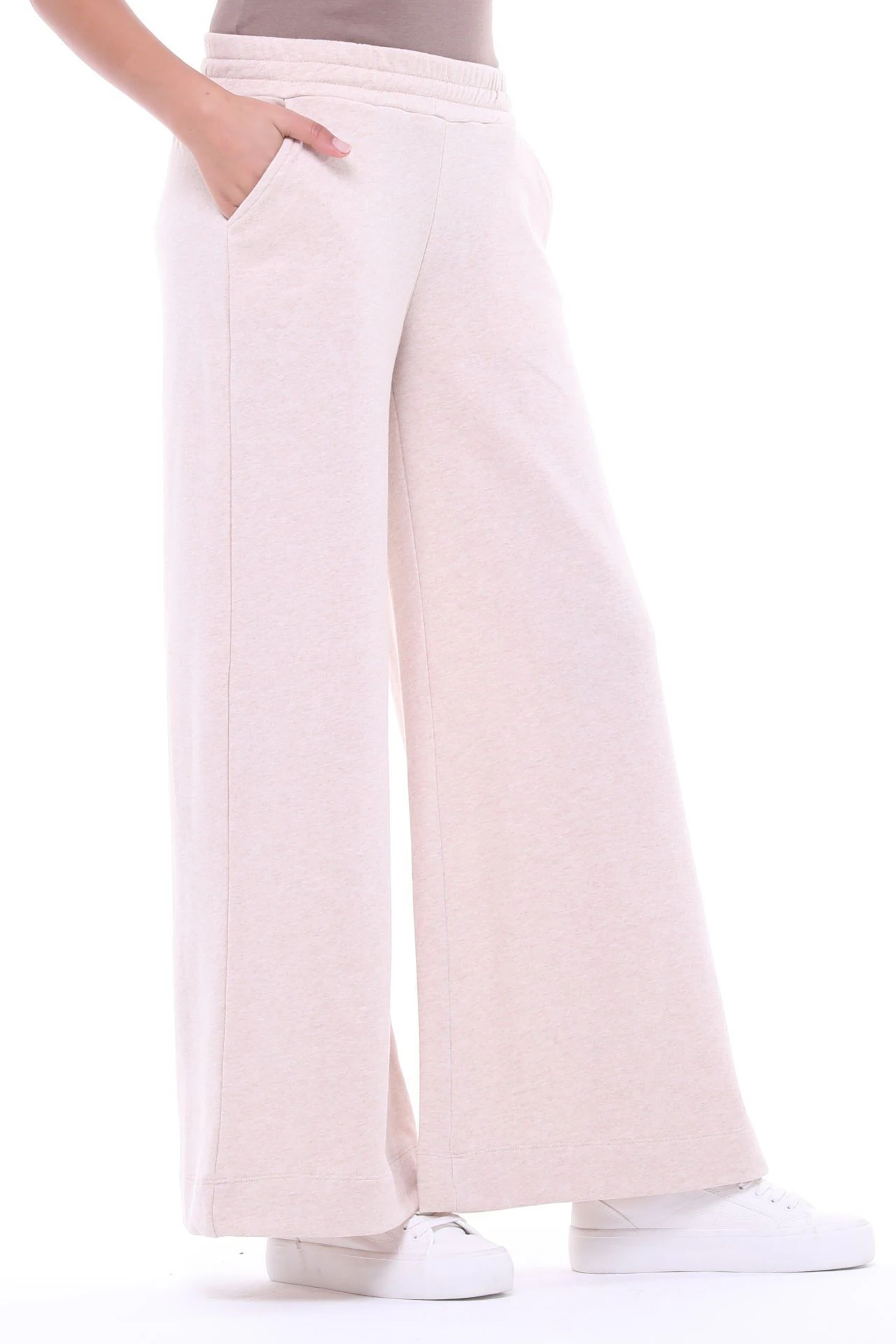 Kadın Bol Paça Cepli Oversize Fit Pantolon - Bej Melanj